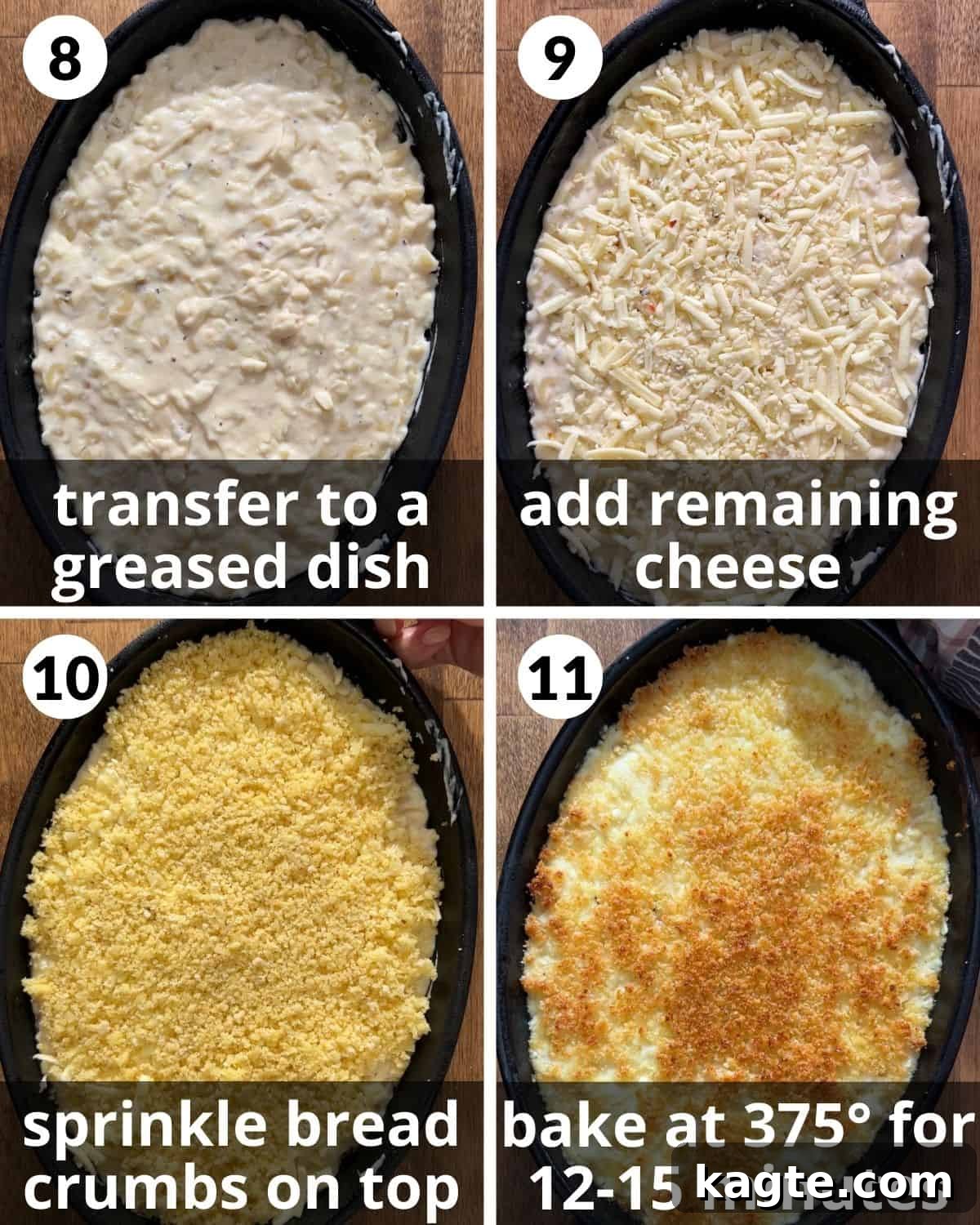 Decadent White Cheddar Macaroni Bake 6 A four-photo collage illustrating the final assembly stages of baked white cheddar mac and cheese before baking, including greasing the dish and adding toppings.