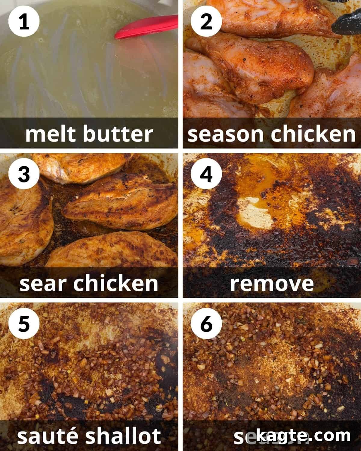 Dreamy Tomato Basil Chicken 4 A six-photo collage illustrating the initial stages of preparing tomato basil chicken, including seasoning the chicken and searing it in a pan.