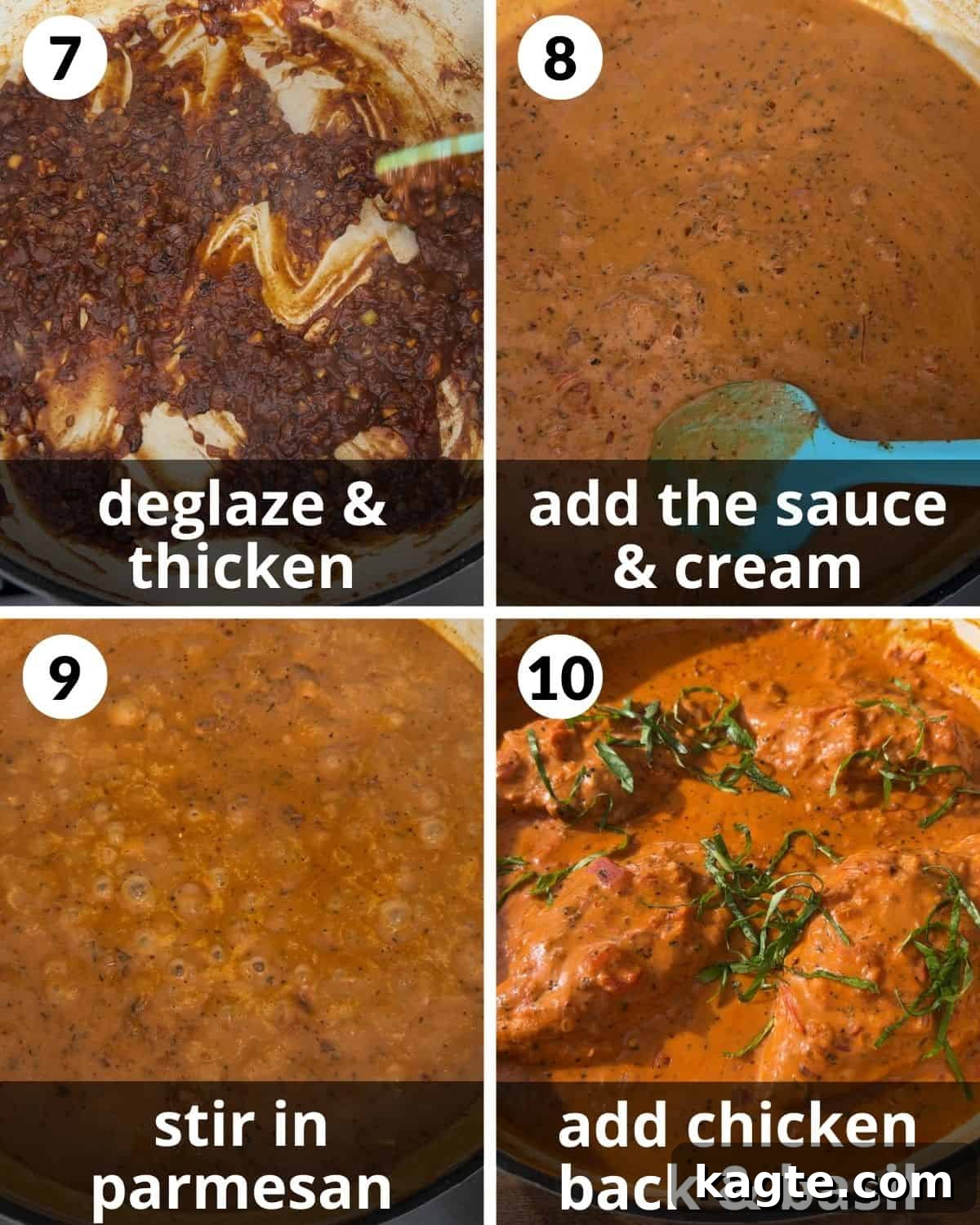 Dreamy Tomato Basil Chicken 5 A four-photo collage illustrating the final steps of preparing tomato basil chicken, including adding sauce, stirring in cheese, and garnishing with fresh basil.