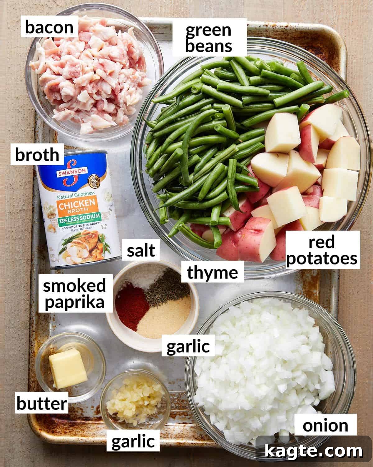 Down-Home Southern Green Beans and Potatoes 3 Overhead image showcasing all the fresh ingredients needed to make the green beans and potato recipe, neatly arranged.
