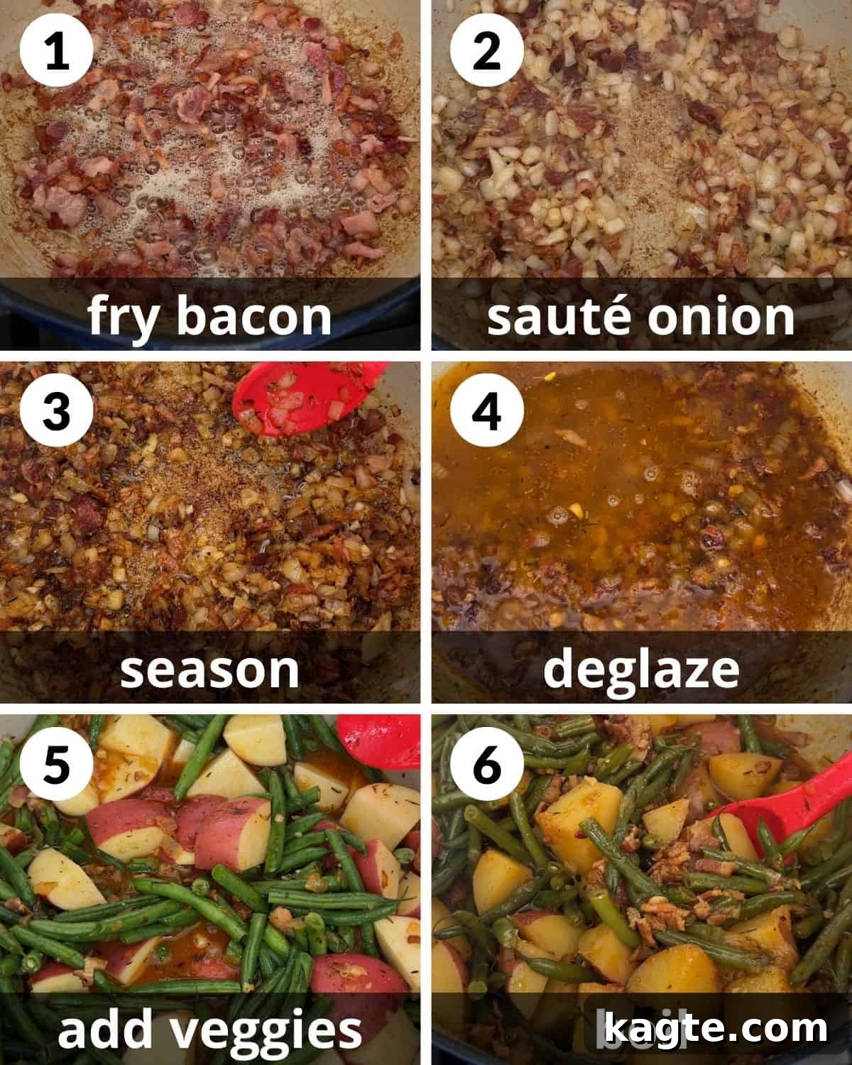 Down-Home Southern Green Beans and Potatoes 4 A 6-photo collage demonstrating the step-by-step assembly of the green beans and potatoes recipe, from frying bacon to the finished dish.
