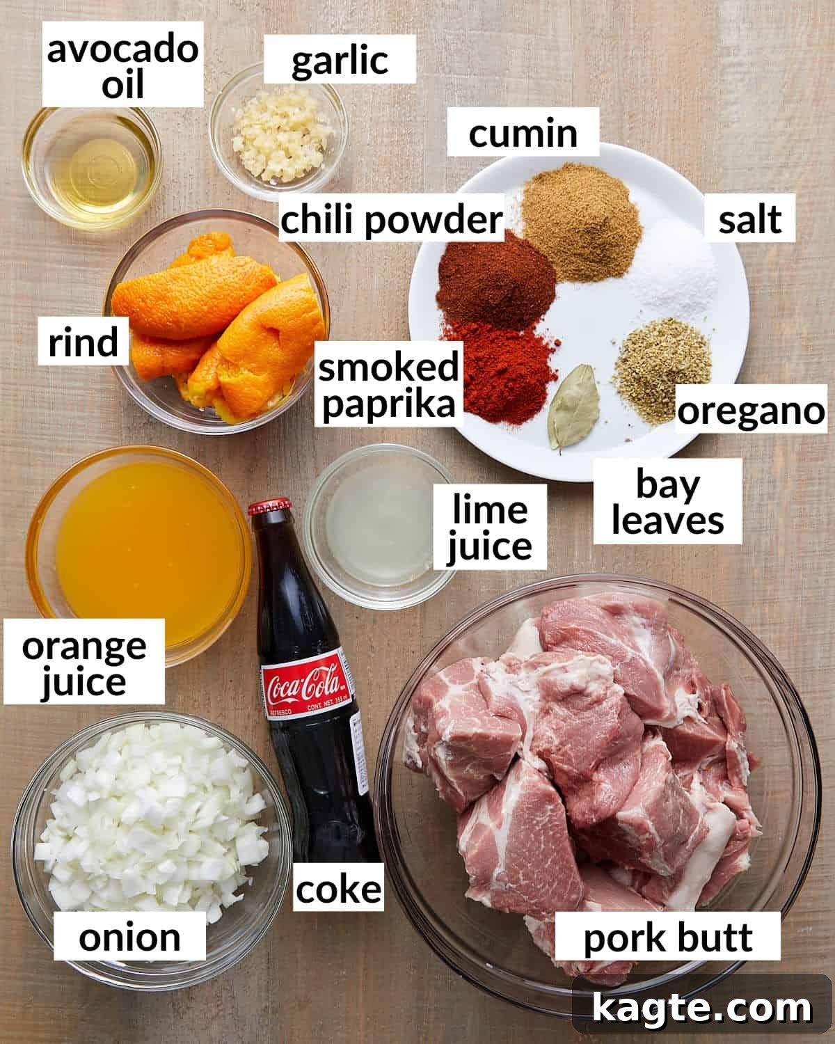 Overhead image of ingredients needed to make pulled pork tacos.