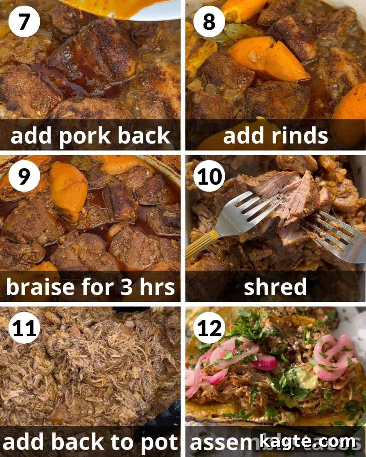 A 6 photo collage showing the final assembly of pulled pork street tacos.