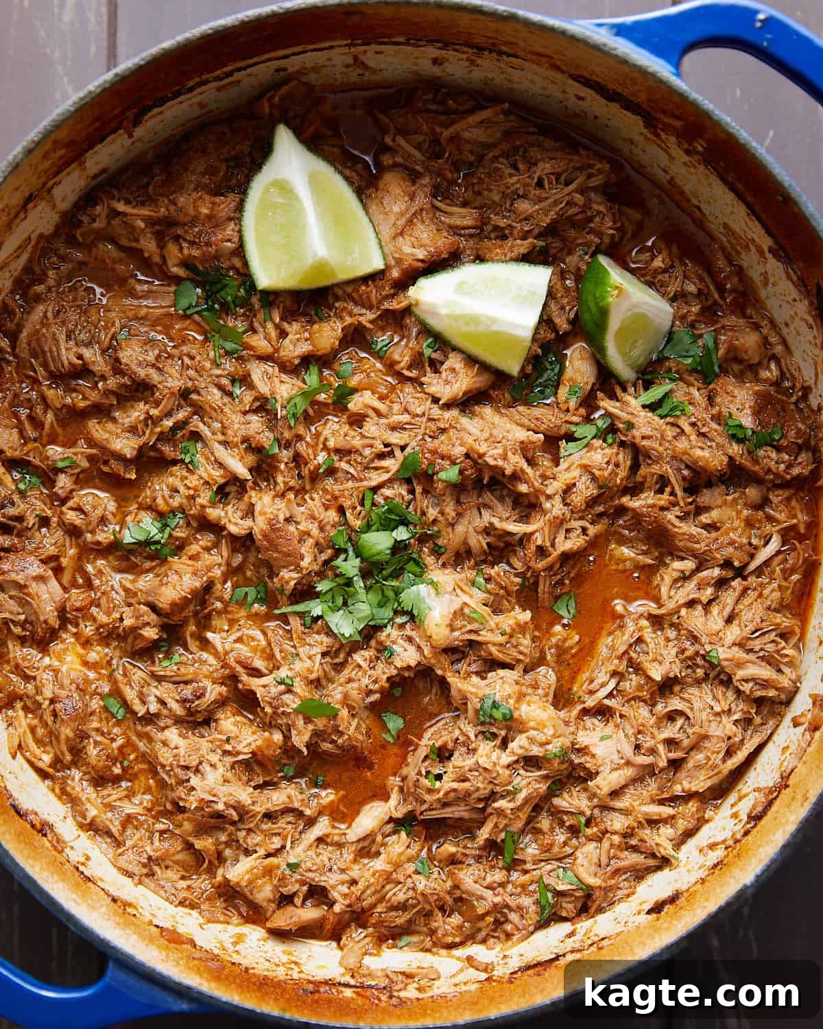 Overhead image of pulled pork for street tacos with garnish.