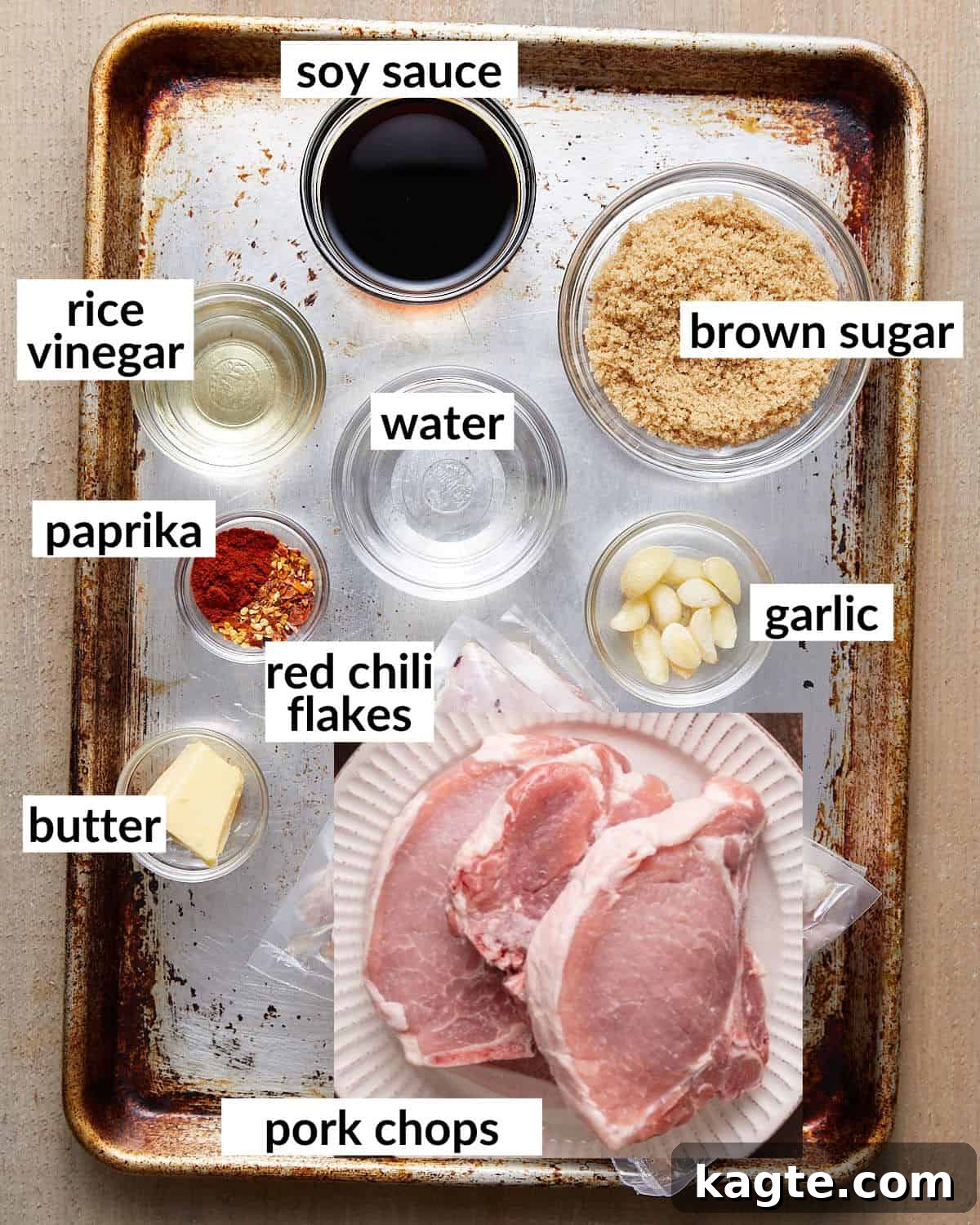 Sticky Brown Sugar Garlic Pork Chops 3 Overhead image of ingredients needed to make brown sugar garlic pork chops.