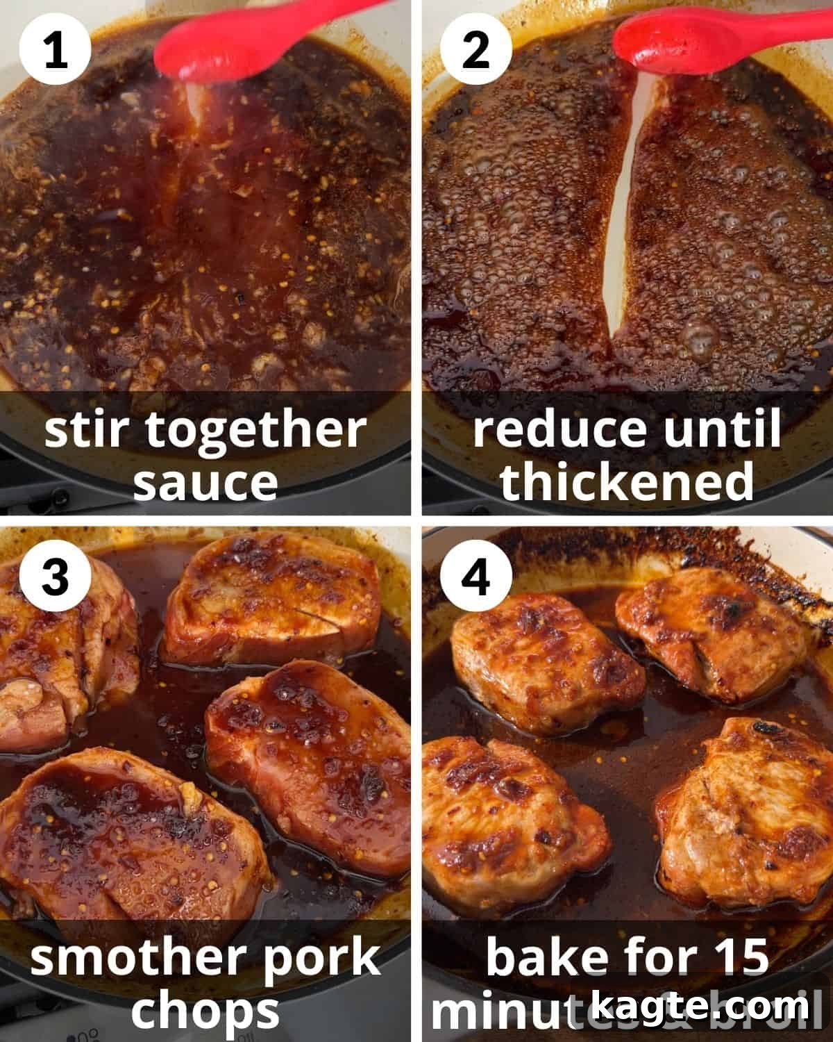 Sticky Brown Sugar Garlic Pork Chops 4 A four image collage showing the assembly of brown sugar garlic pork chops.