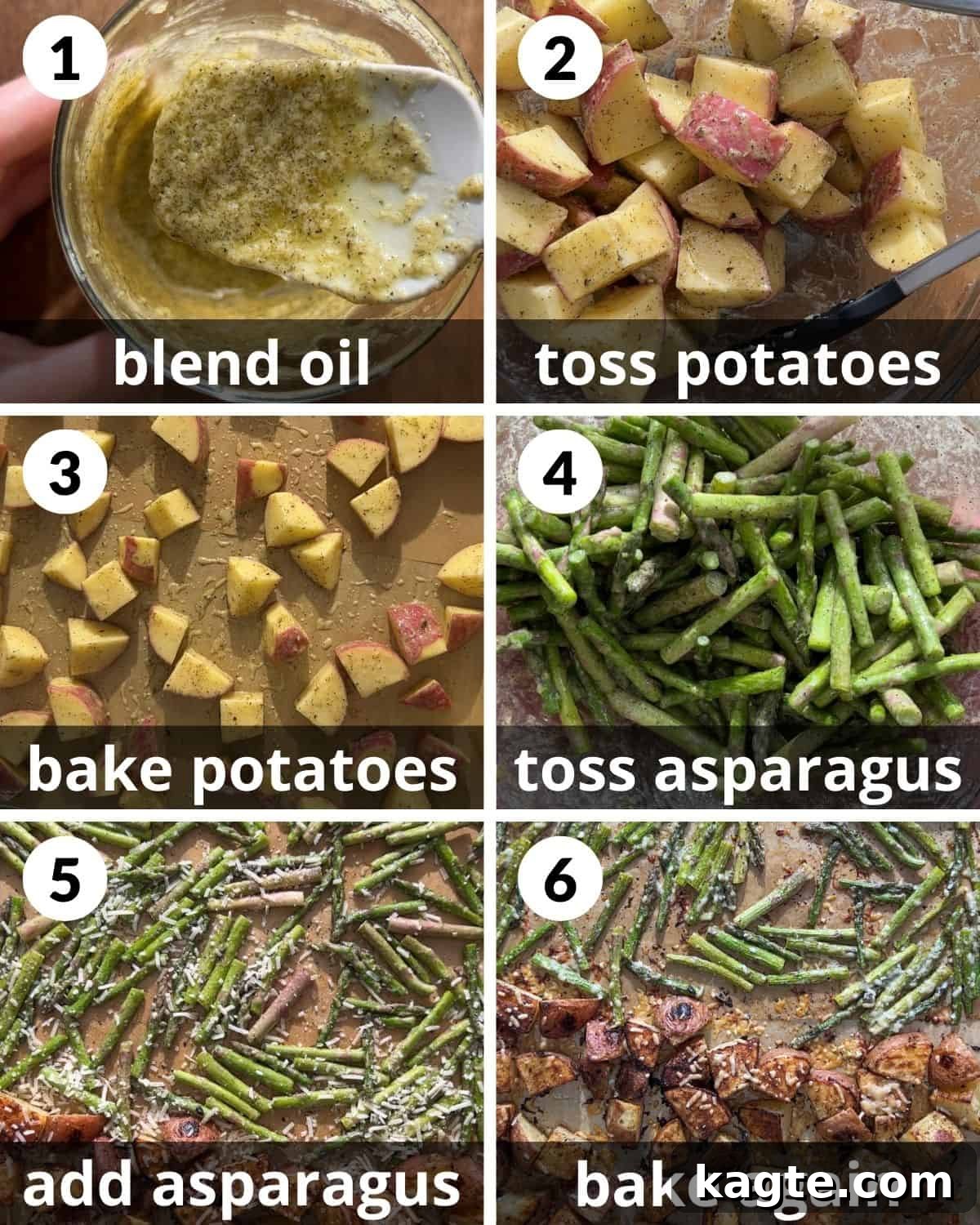 A 6-photo collage illustrating the step-by-step process of preparing roasted potatoes and asparagus.