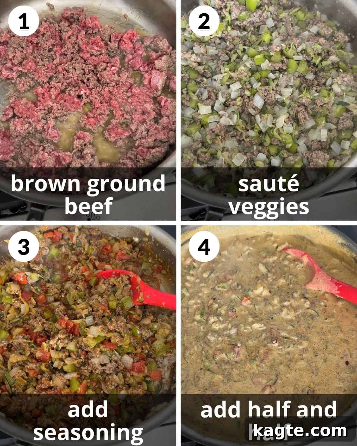 Fiesta Cheesy Taco Pasta Bake 4 A 4-image collage showing the initial assembly steps: browning beef, adding vegetables, mixing sauce, and cooking pasta.