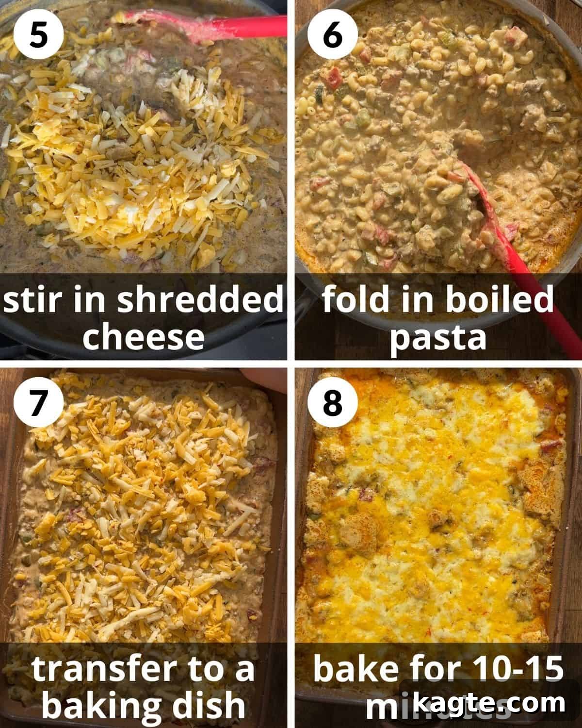 Fiesta Cheesy Taco Pasta Bake 5 A 4-photo collage showing the final assembly steps: adding cheese, folding in pasta, transferring to baking dish, and baking.
