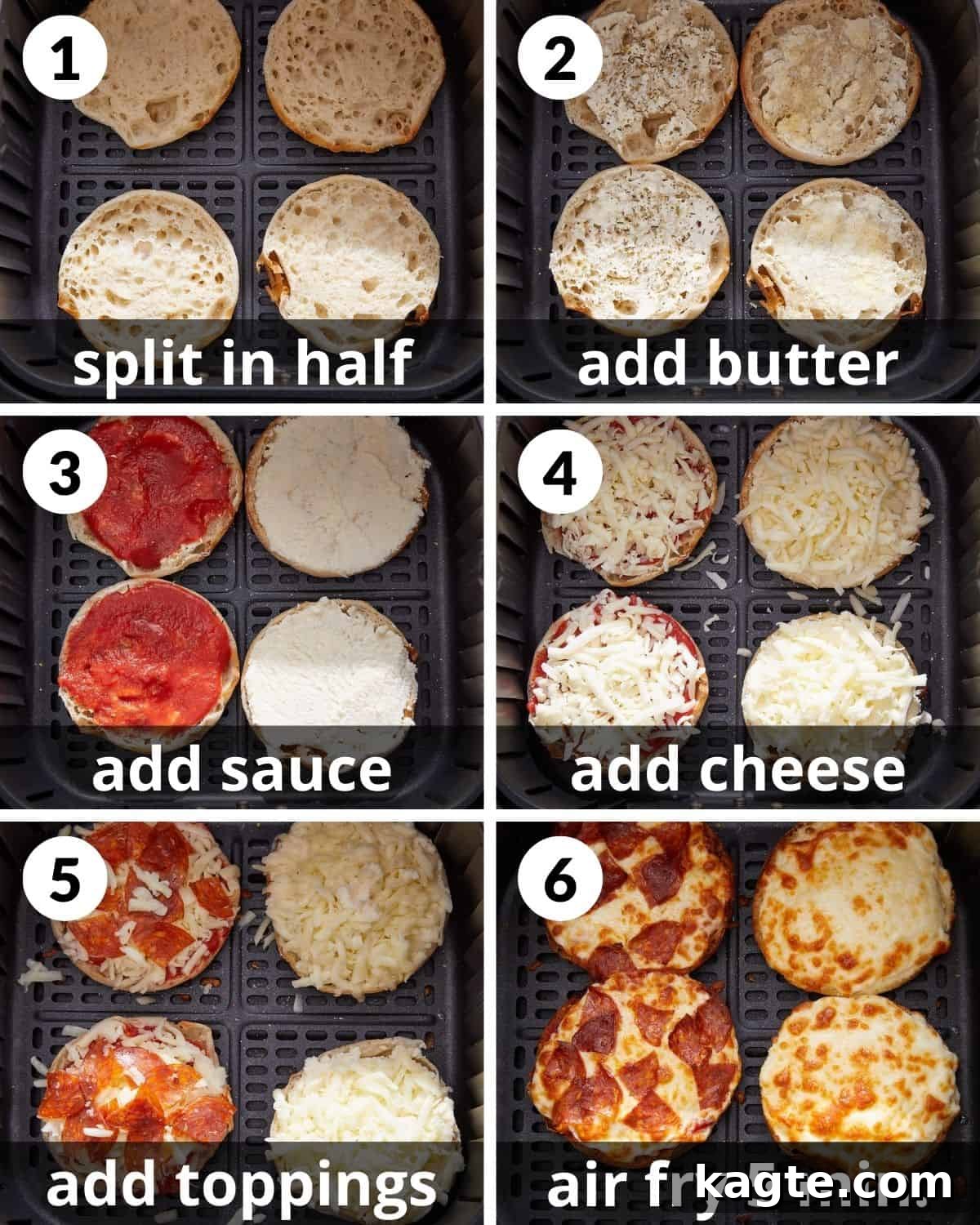 10-Minute Air Fryer English Muffin Pizzas 4 A 6-photo collage illustrating the step-by-step assembly of air fryer English muffin pizzas.