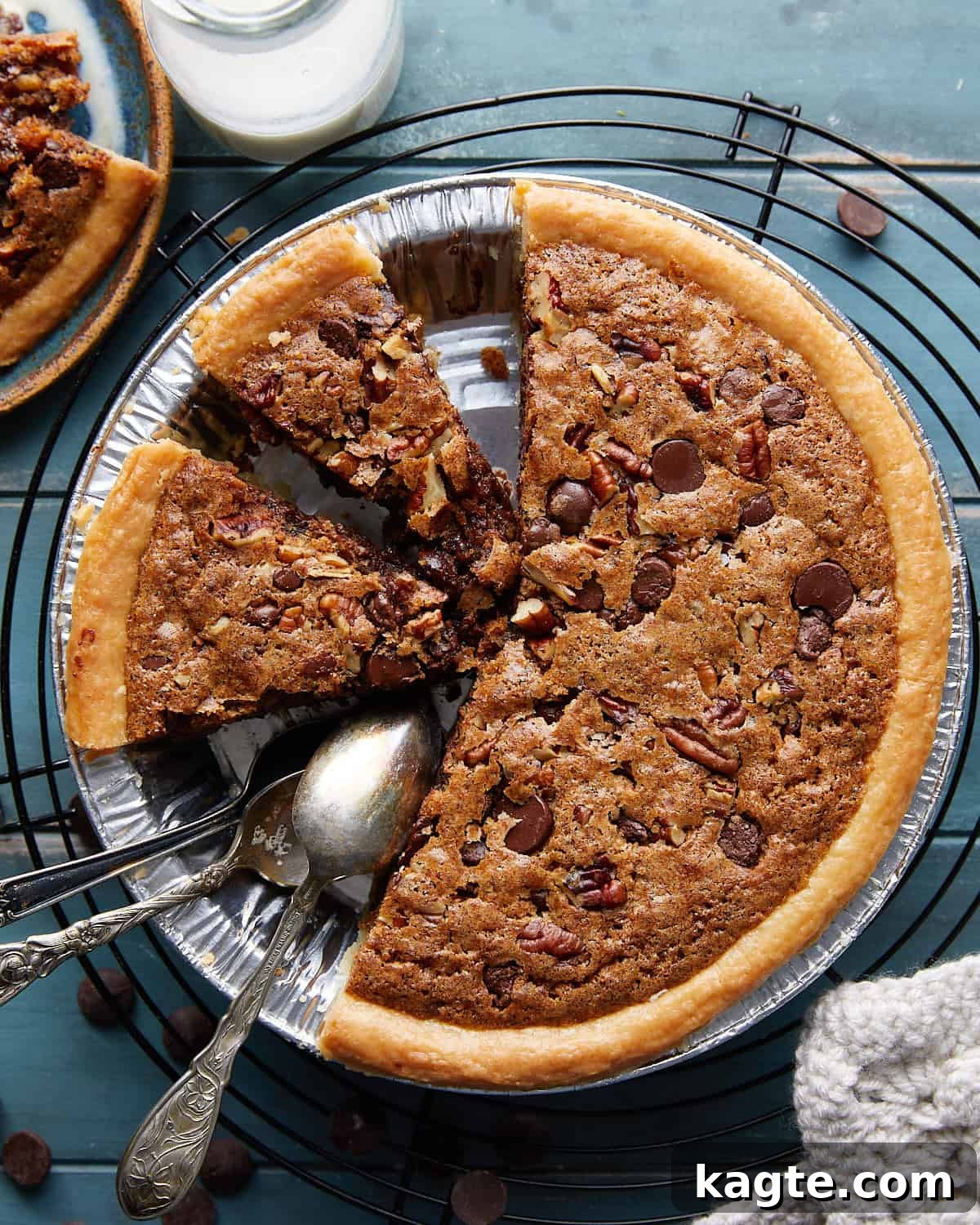 Decadent Gooey Chocolate Chip Cookie Pie 2 Overhead image of chocolate chip cookie pie.