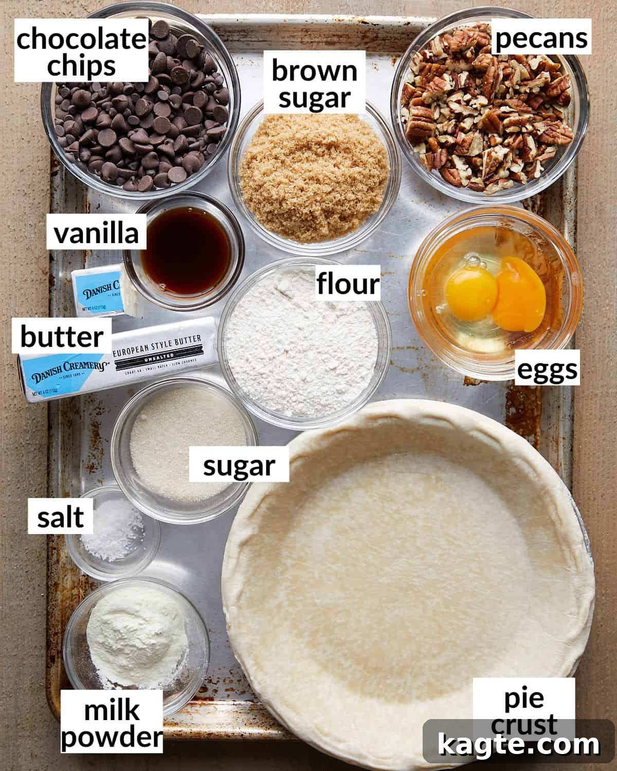 Decadent Gooey Chocolate Chip Cookie Pie 3 Overhead image of chocolate chip cookie pie ingredients.