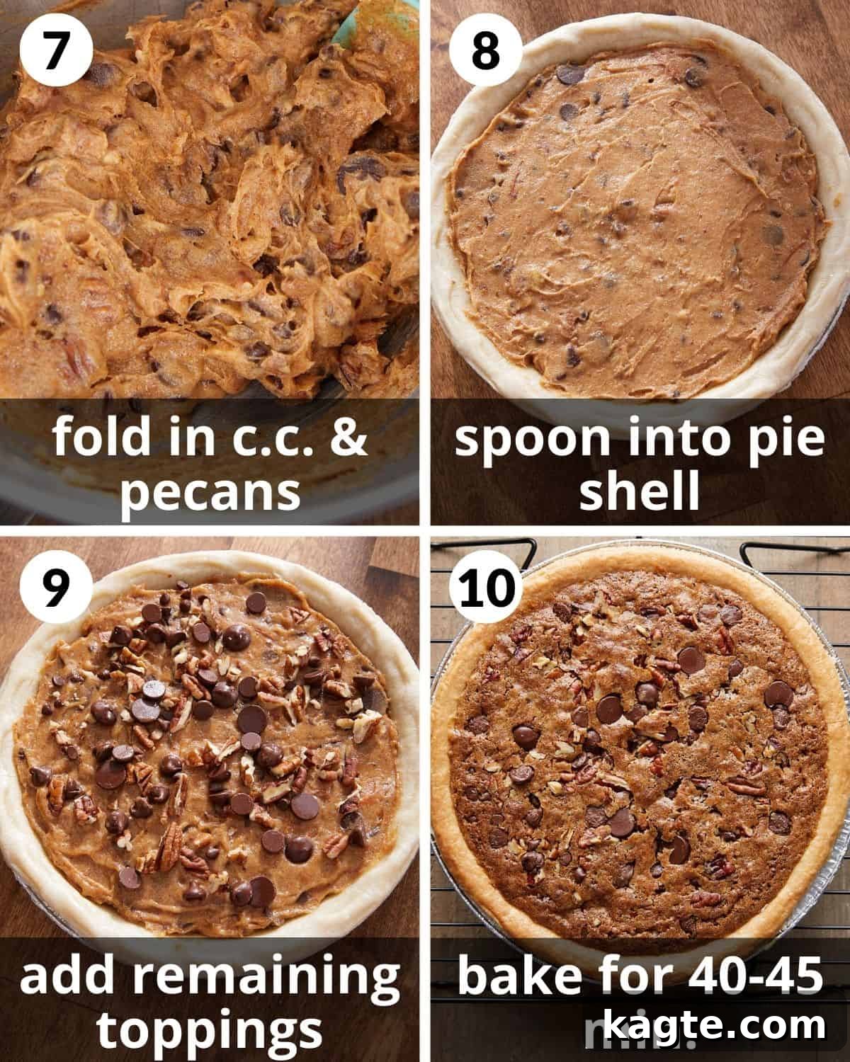Decadent Gooey Chocolate Chip Cookie Pie 5 A 4 photo collage showing the final assembly of chocolate chip cookie pie.