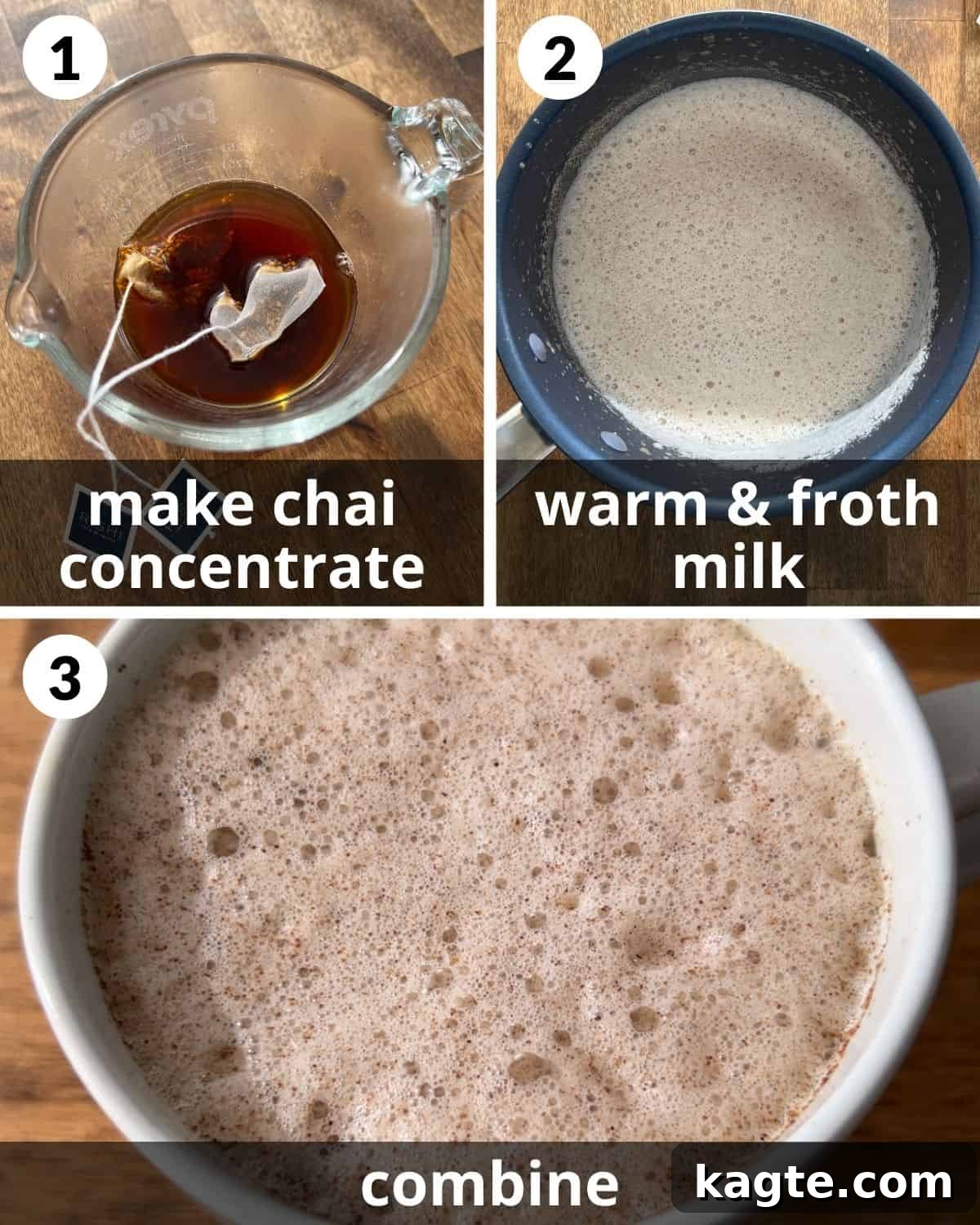 Effortless Pumpkin Spice Chai Latte 4 A 3-photo collage illustrating the step-by-step assembly of a pumpkin spice chai latte: first, tea bags steeping in a mug; second, milk warming in a saucepan; third, the finished latte with whipped cream and spice.