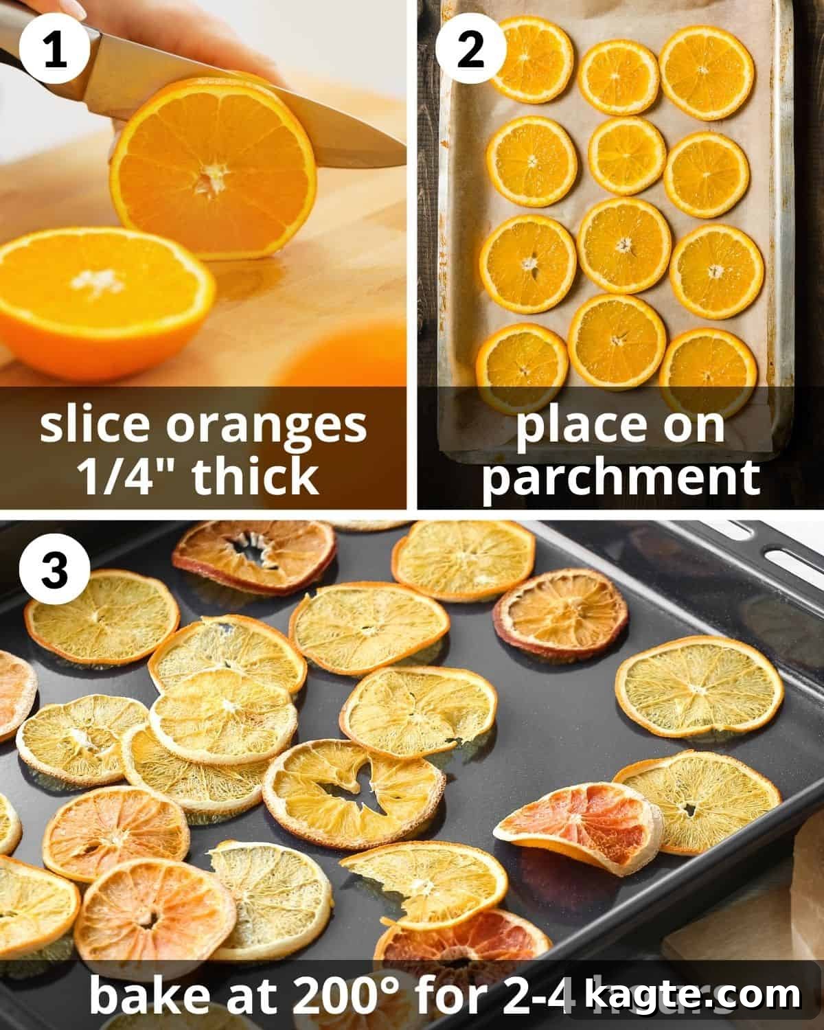 A 3 photo collage showing the assembly of dry oranges, from slicing to arrangement on a baking sheet.