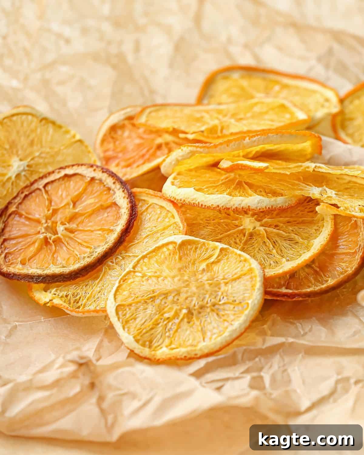 Up close photo of dry orange slices, showcasing their translucent beauty.