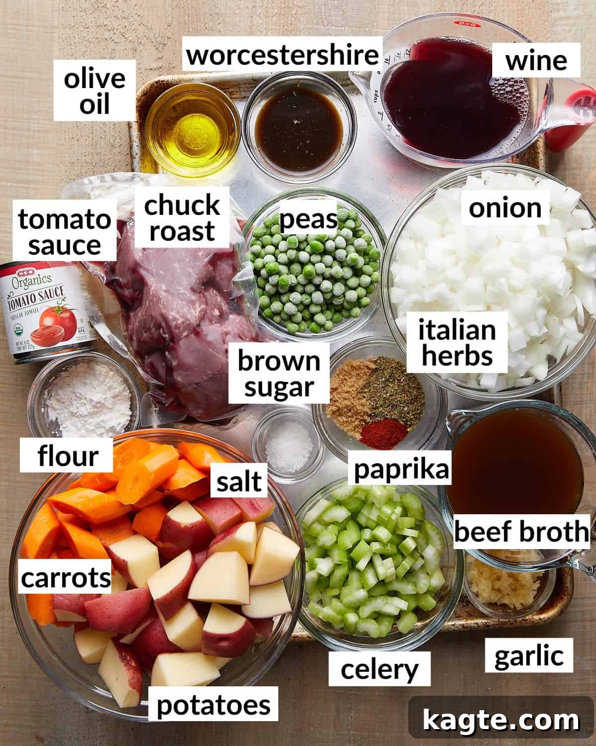 Slow Simmered Stovetop Beef Stew 3 Overhead image of ingredients needed for beef stew.