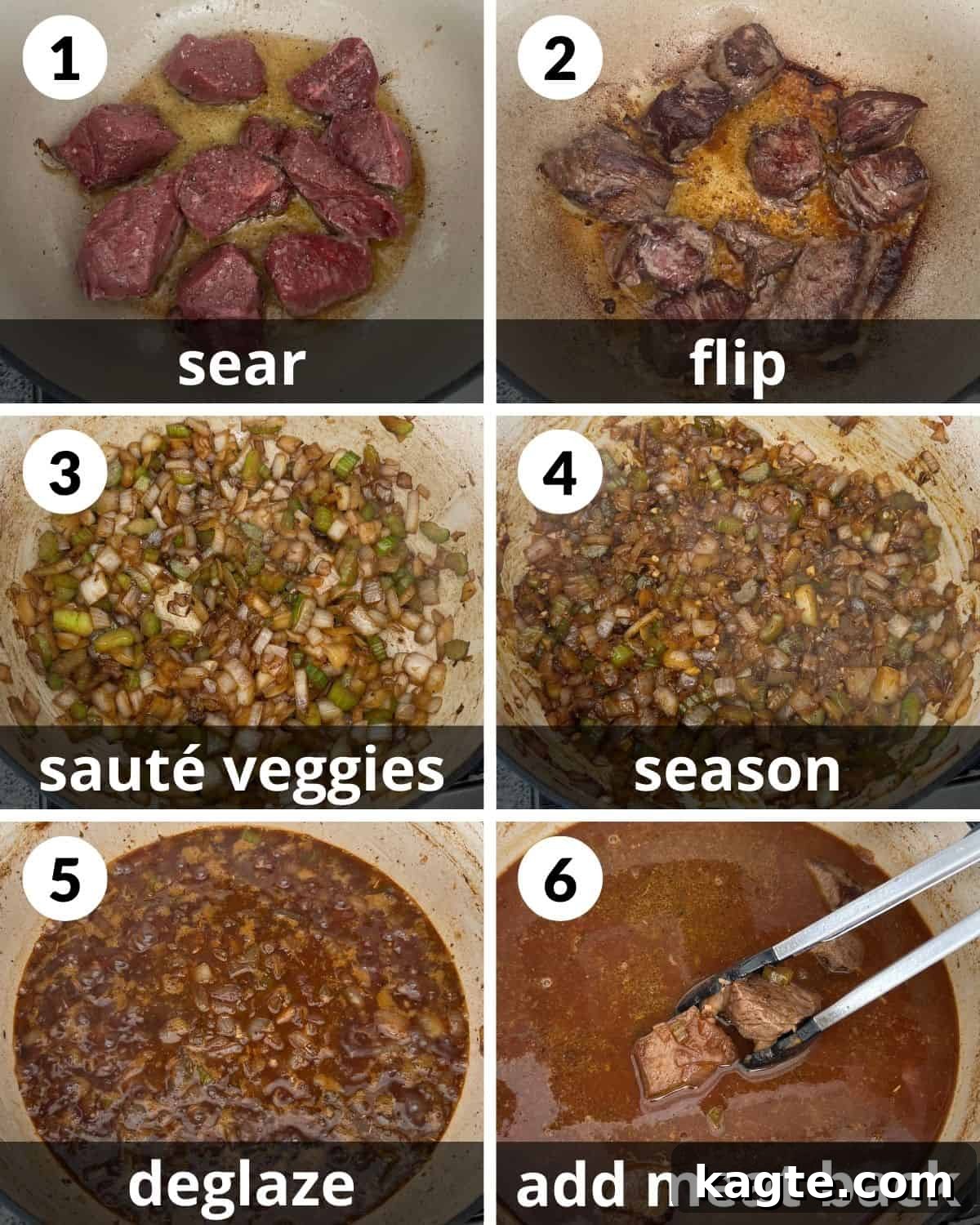 Slow Simmered Stovetop Beef Stew 4 A 6 photo collage showing the beginning steps of old fashioned beef stew.