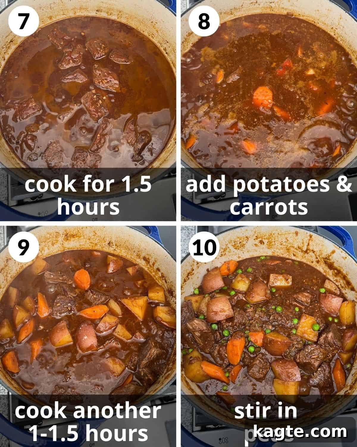 Slow Simmered Stovetop Beef Stew 5 A 4 photo collage showing the final steps for old fashioned beef stew.