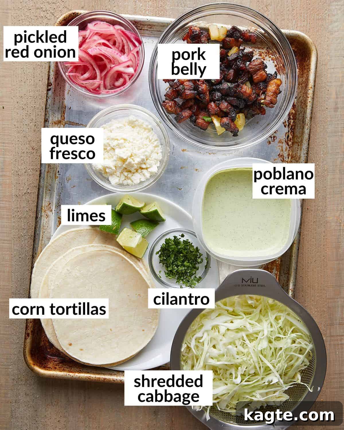 Ultimate Crispy Pork Belly Tacos 3 An overhead image of ingredients needed to make pork belly tacos, including tortillas, cabbage, crema, cilantro, and red onions.