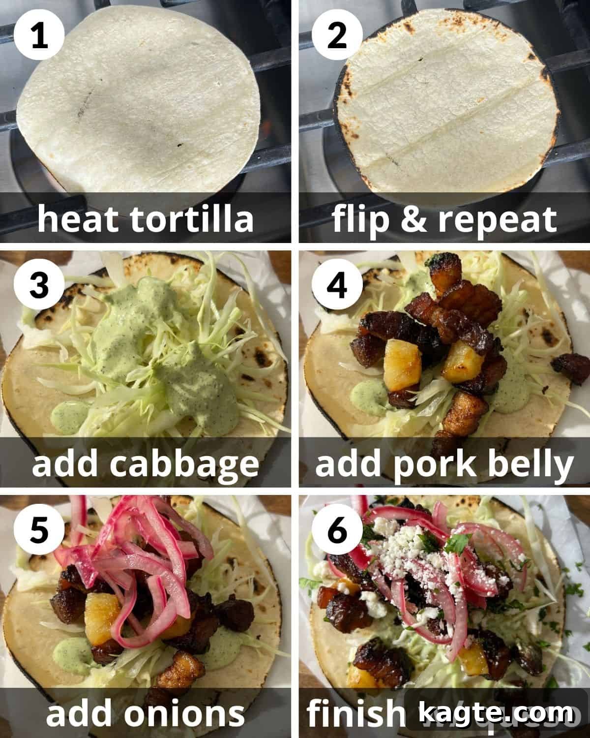 Ultimate Crispy Pork Belly Tacos 4 A 6 photo collage showing the assembly process of pork belly tacos, from heating tortillas to adding all garnishes.