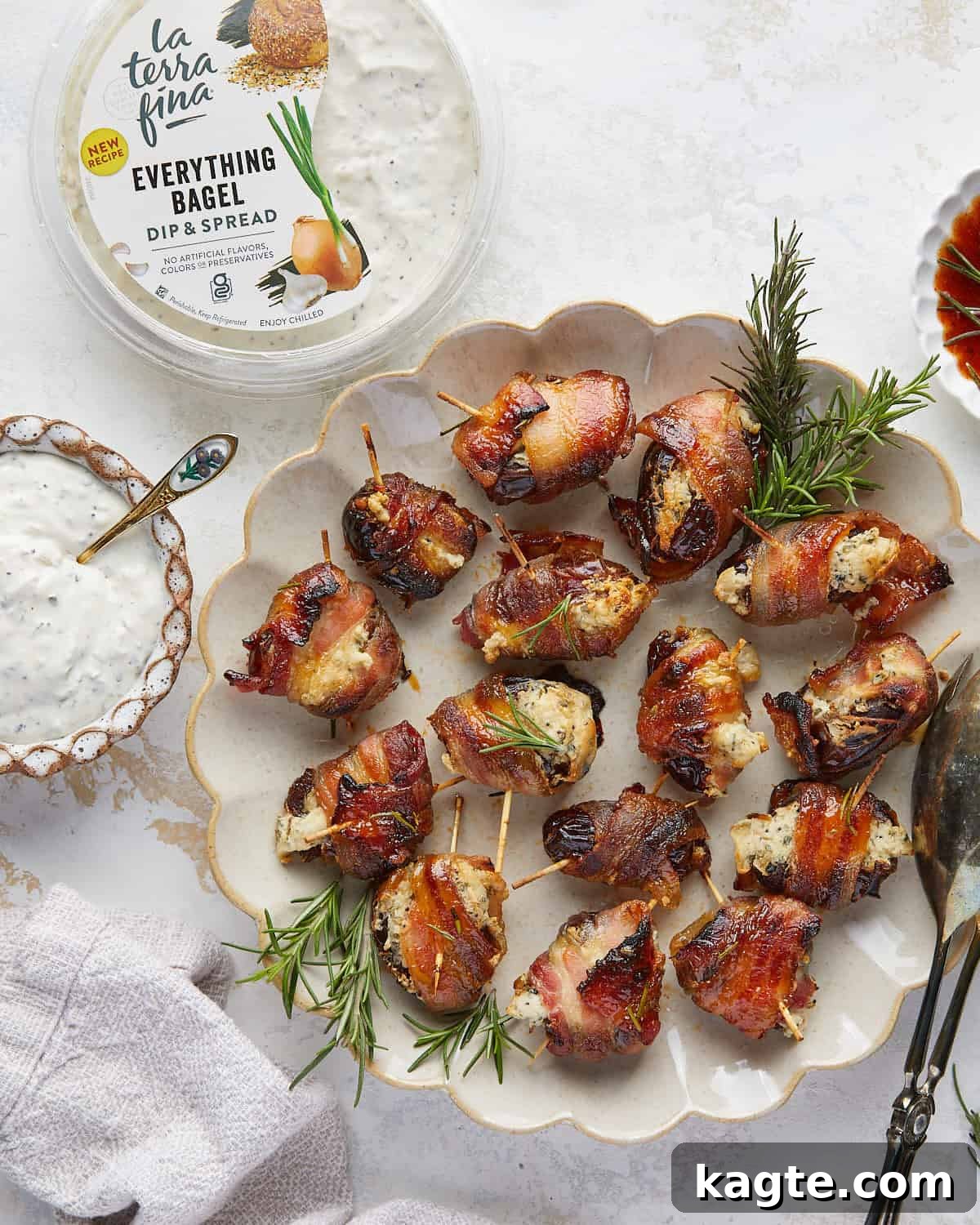 Creamy Bacon Date Bites 2 Overhead image of bacon wrapped dates with cream cheese and garnish.