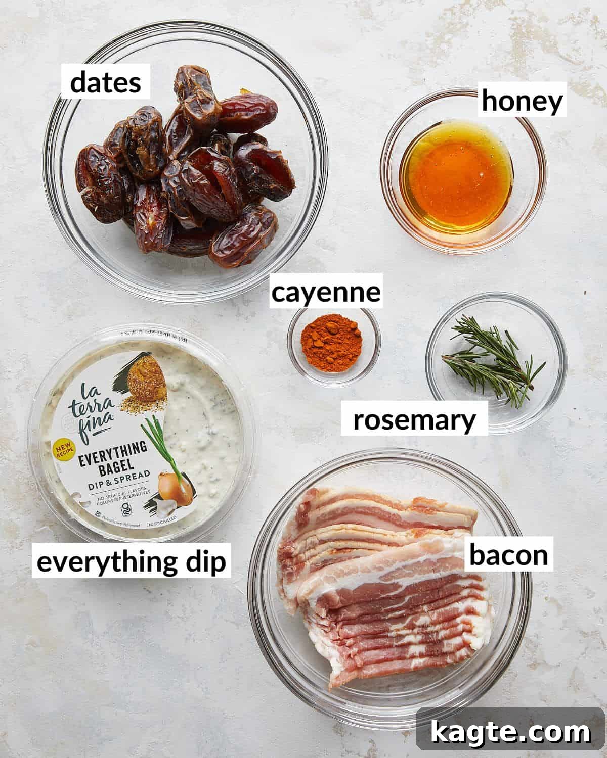 Creamy Bacon Date Bites 3 Overhead image of ingredients needed to make bacon wrapped dates with cream cheese.