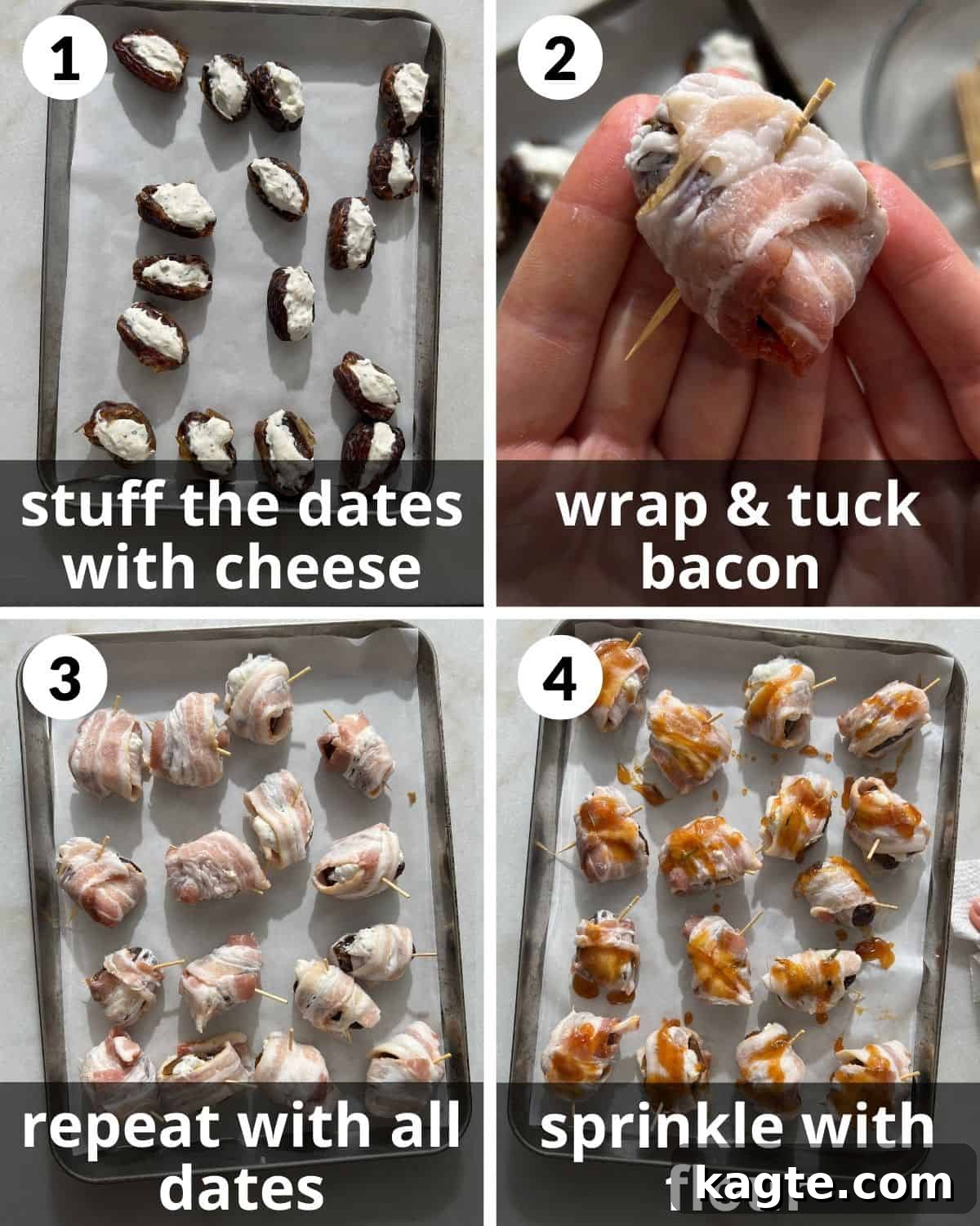 Creamy Bacon Date Bites 4 A 4 photo collage showing the assembly of bacon wrapped dates with cream cheese.