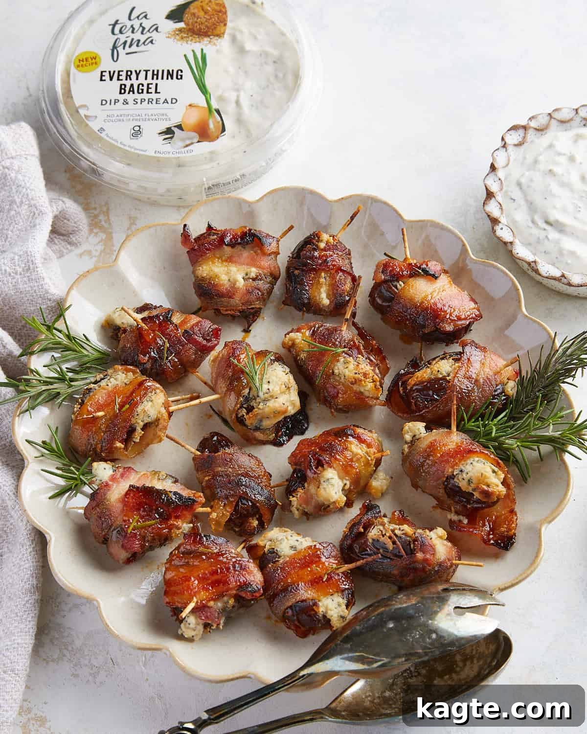 Creamy Bacon Date Bites 5 Overhead image of bacon wrapped dates with cream cheese.