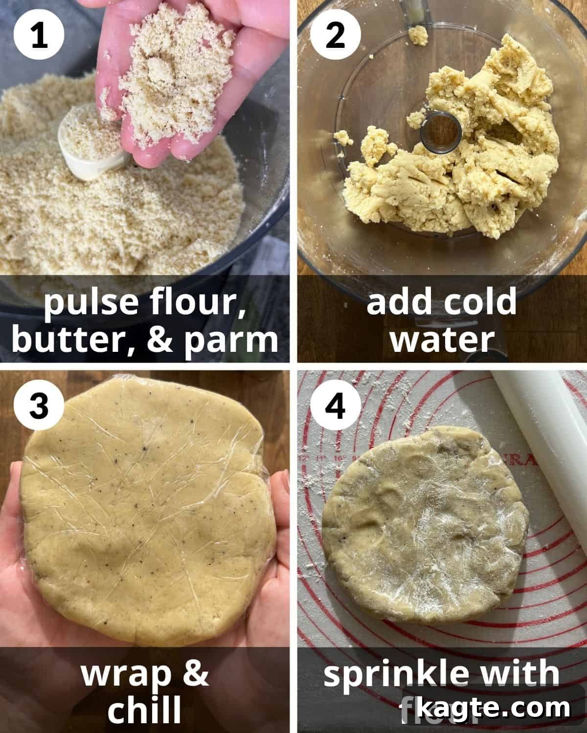 Crispy Parmesan Rosemary Crackers 4 A 4 photo collage showing the initial steps of making homemade parmesan rosemary crackers, including pulsing ingredients and forming the dough.