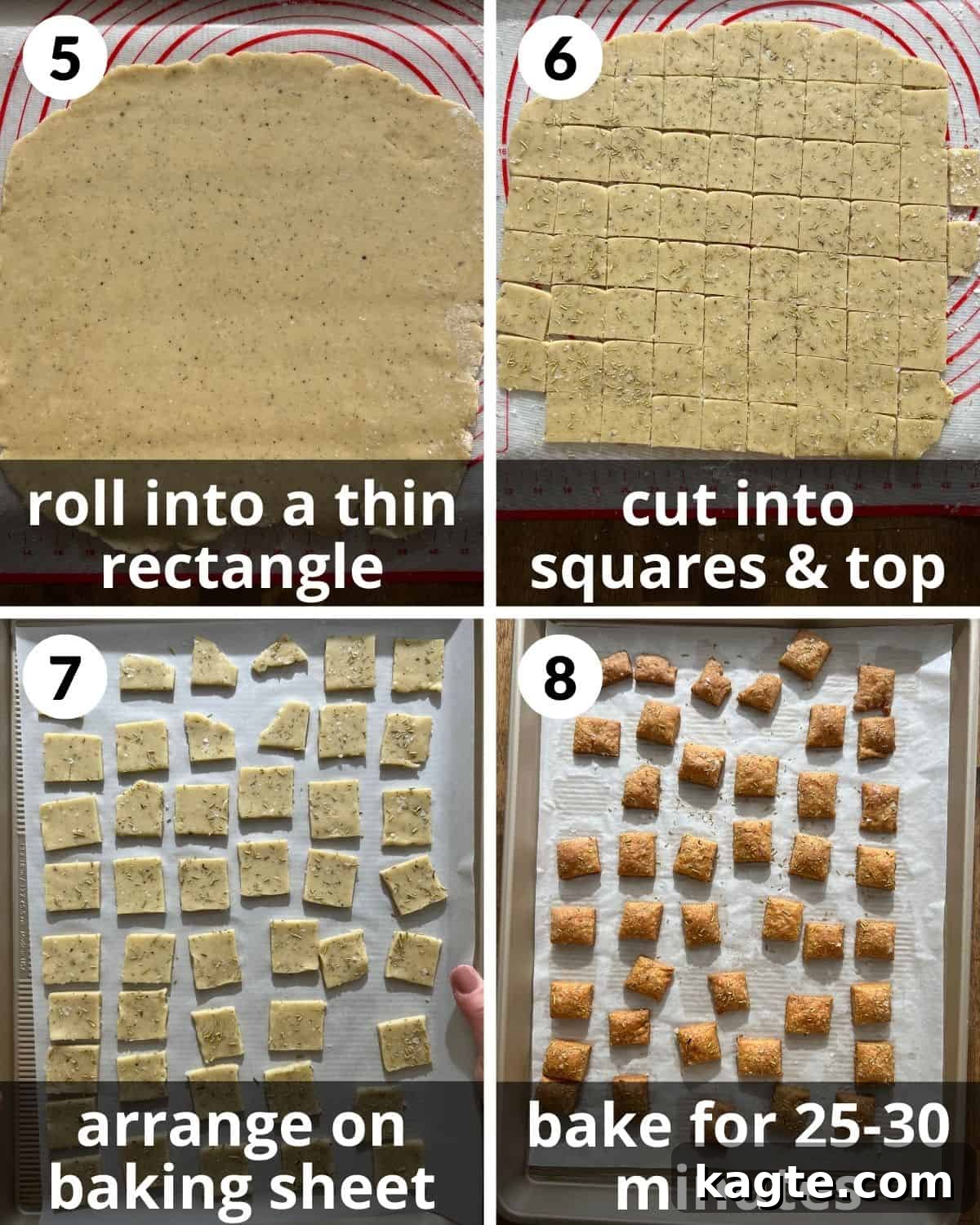 Crispy Parmesan Rosemary Crackers 5 A 4 photo collage showing the final assembly of homemade parmesan rosemary crackers, including rolling, cutting, and arranging on baking sheets.