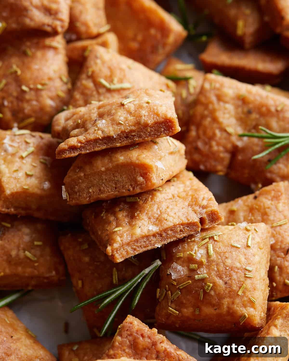 Crispy Parmesan Rosemary Crackers 6 Up close image of golden brown homemade parmesan rosemary crackers with visible herbs and flaky salt.