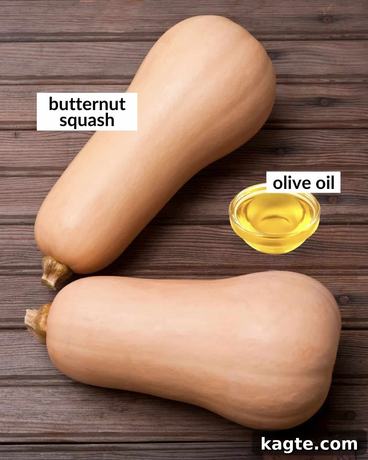 Perfectly Roasted Butternut Squash 3 Overhead image displaying the minimal ingredients required to make baked butternut squash: a whole butternut squash, olive oil, and salt and pepper.