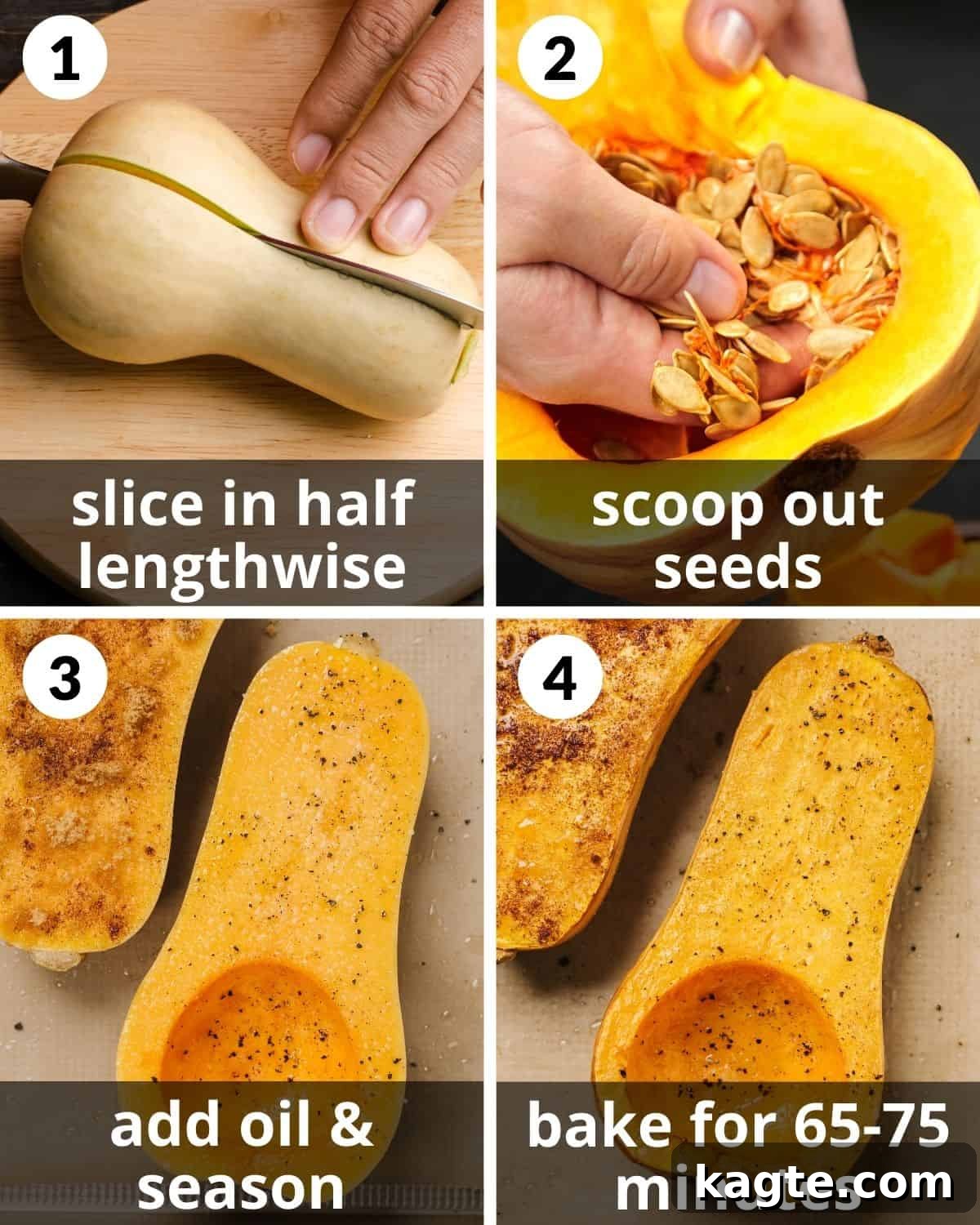 Perfectly Roasted Butternut Squash 4 A 4-photo collage illustrating the essential steps for preparing and baking butternut squash, from cutting to roasting.