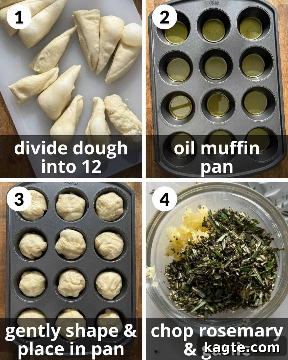 Aromatic Garlic Rosemary Focaccia Bites 4 A 4-photo collage illustrating the initial steps of making focaccia muffins, including dough prep and oiling the muffin pan.