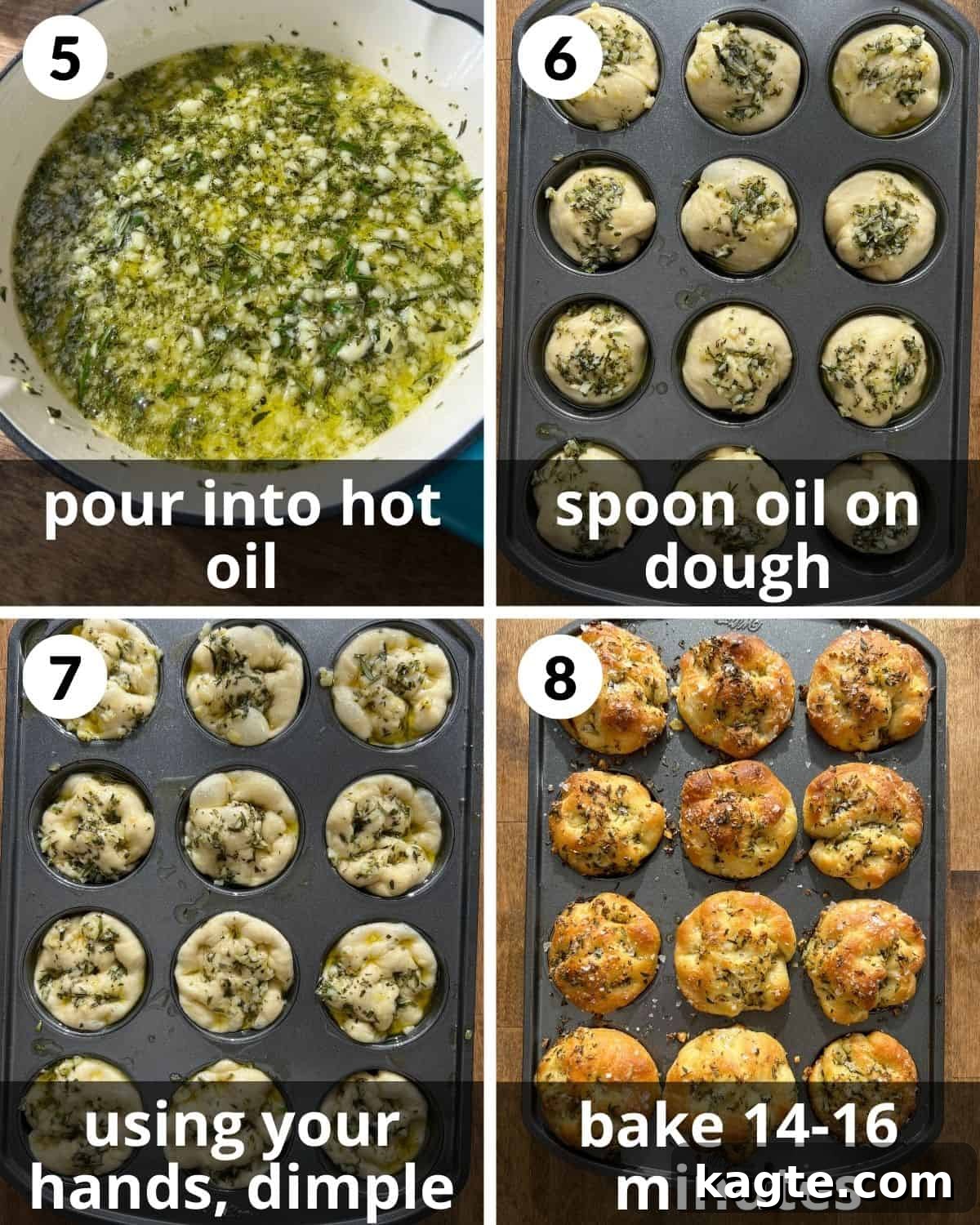 Aromatic Garlic Rosemary Focaccia Bites 5 A 4-photo collage showing the final steps of assembling focaccia muffins, including dimpling the dough and adding toppings.
