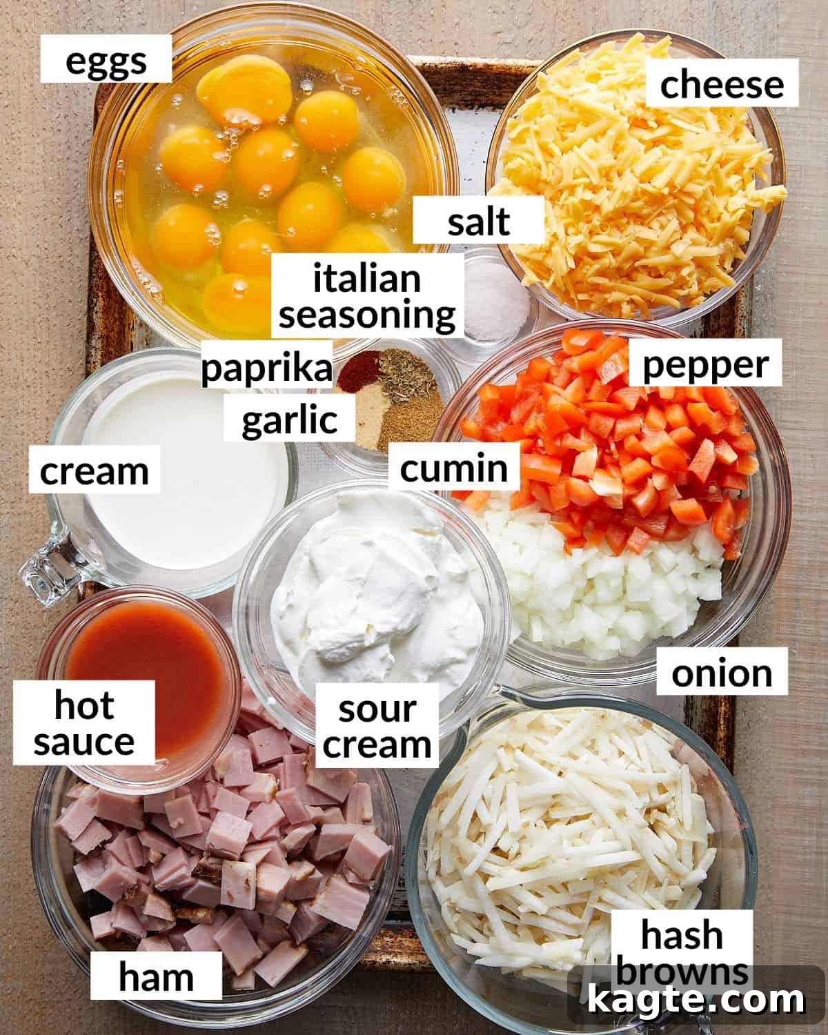 Make-Ahead Ham and Cheese Hash Brown Breakfast Bake 3 Overhead image of ingredients needed to make ham and cheese hash brown casserole.