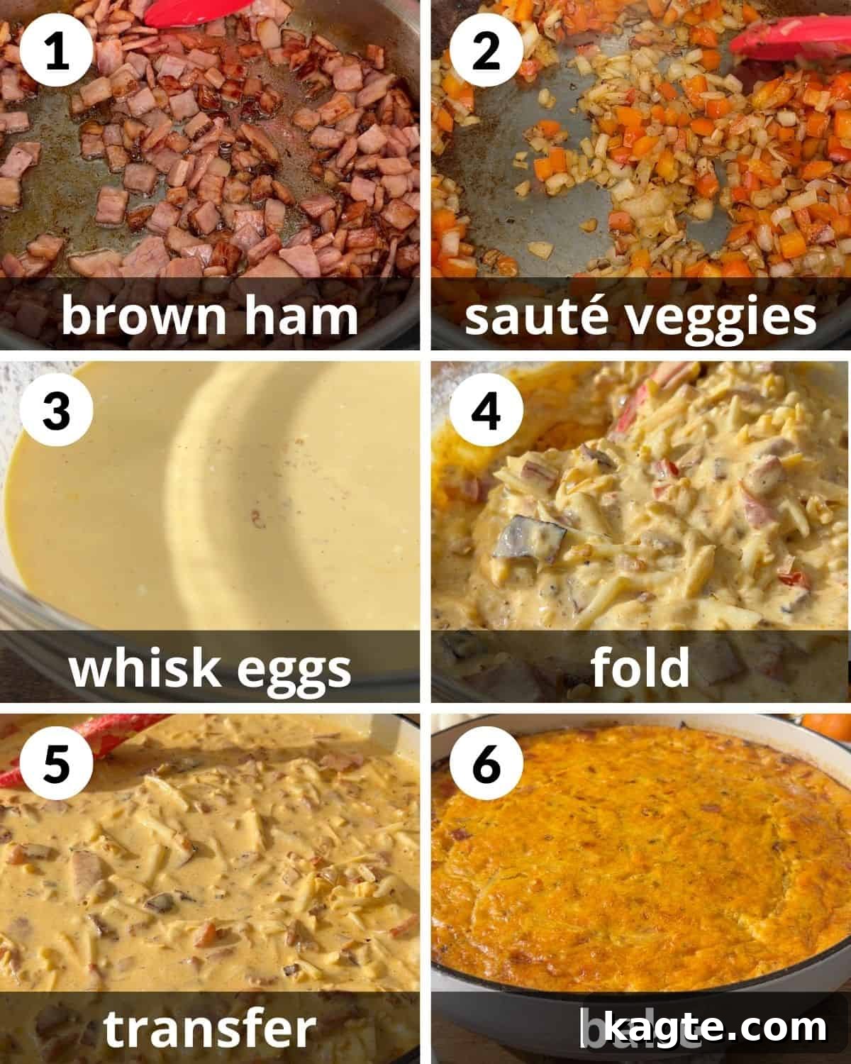 Make-Ahead Ham and Cheese Hash Brown Breakfast Bake 4 Detailed step-by-step images showing how to prepare ham and cheese hash brown casserole.