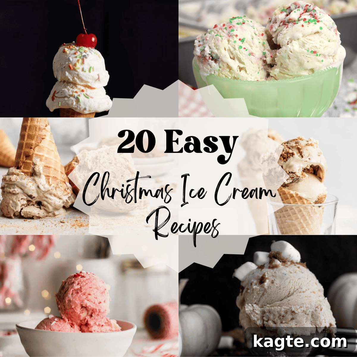 A 6 photo collage showing Christmas ice cream recipes with text overlay, featuring various festive ice cream flavors.