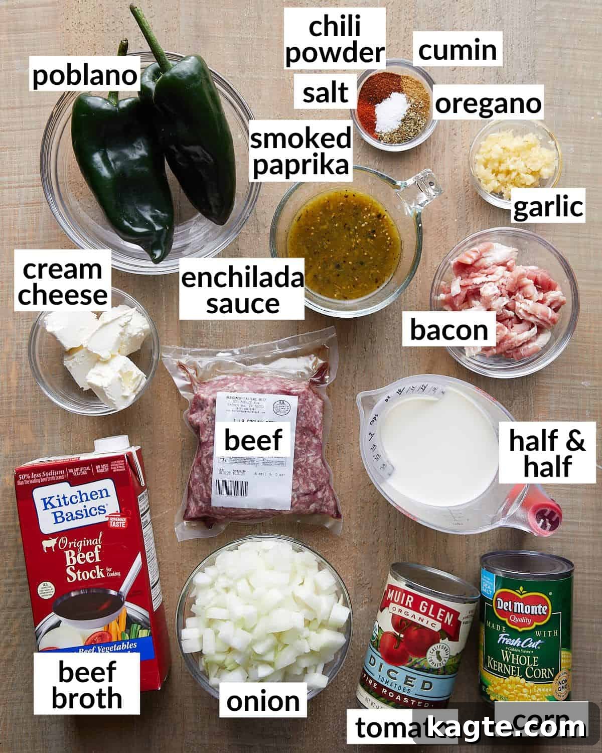 Easy Creamy Beef Enchilada Soup Stovetop and Slow Cooker 3 Overhead image of all the fresh and pantry ingredients needed to make beef enchilada soup, laid out neatly.