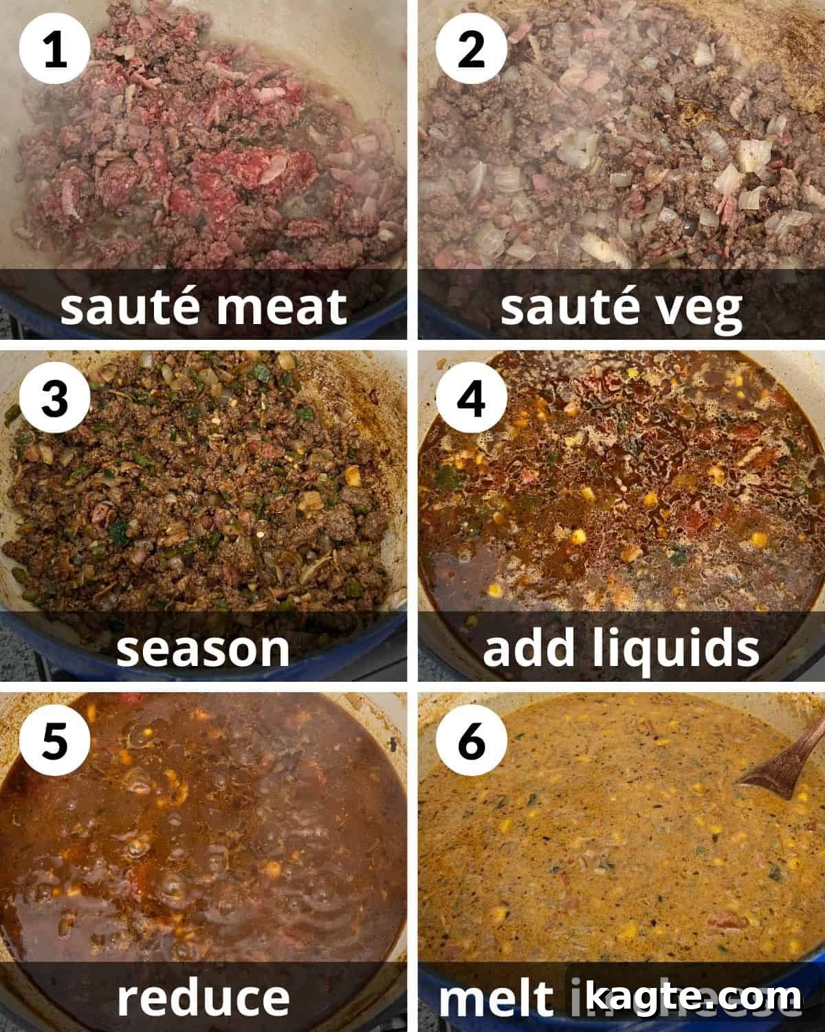 Easy Creamy Beef Enchilada Soup Stovetop and Slow Cooker 4 A 6 photo collage showing the assembly of beef enchilada soup step by step, from browning beef to adding liquids and cream cheese.