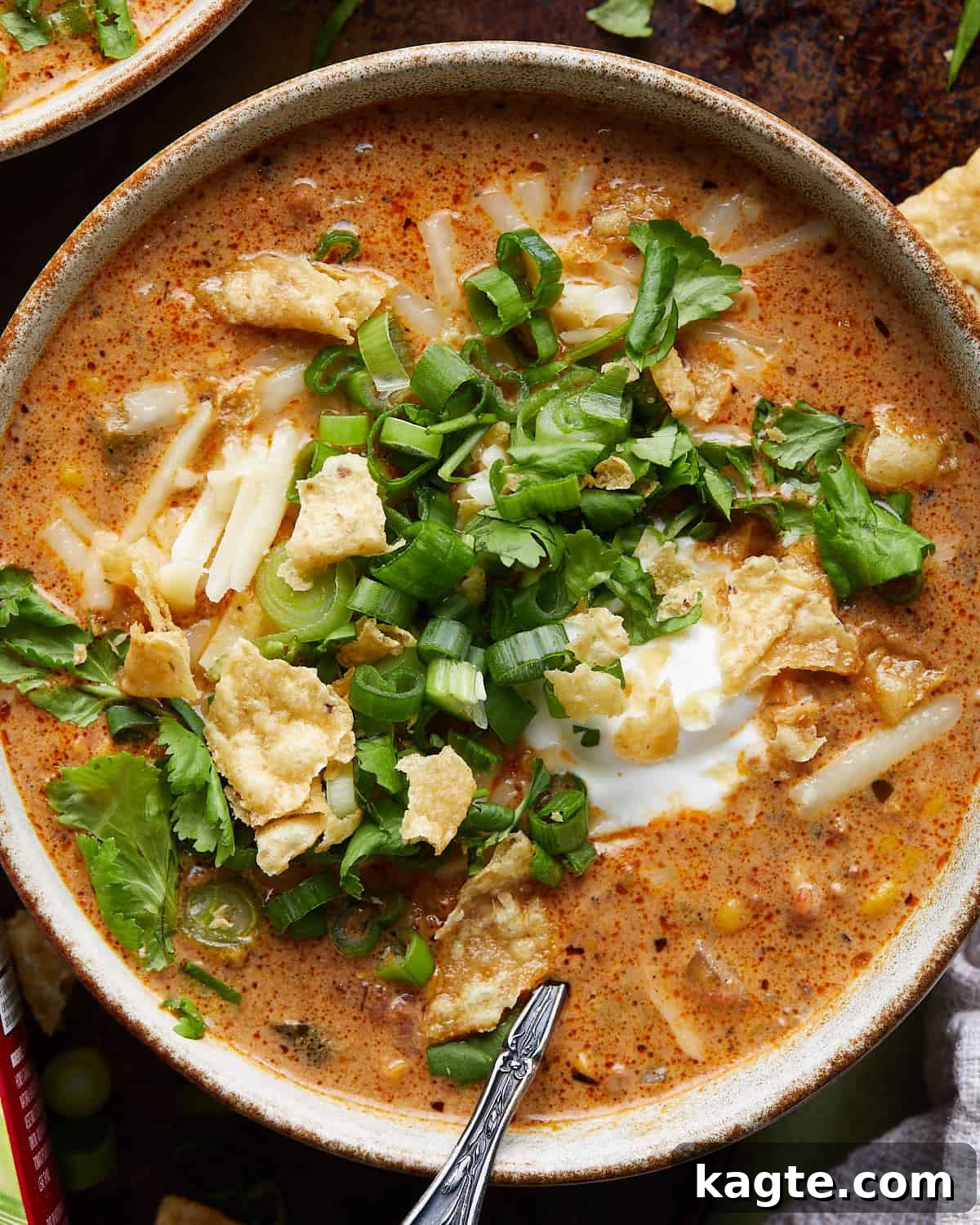 Easy Creamy Beef Enchilada Soup Stovetop and Slow Cooker 5 Up close image of beef enchilada soup with garnish of sour cream, cilantro, and tortilla chips.