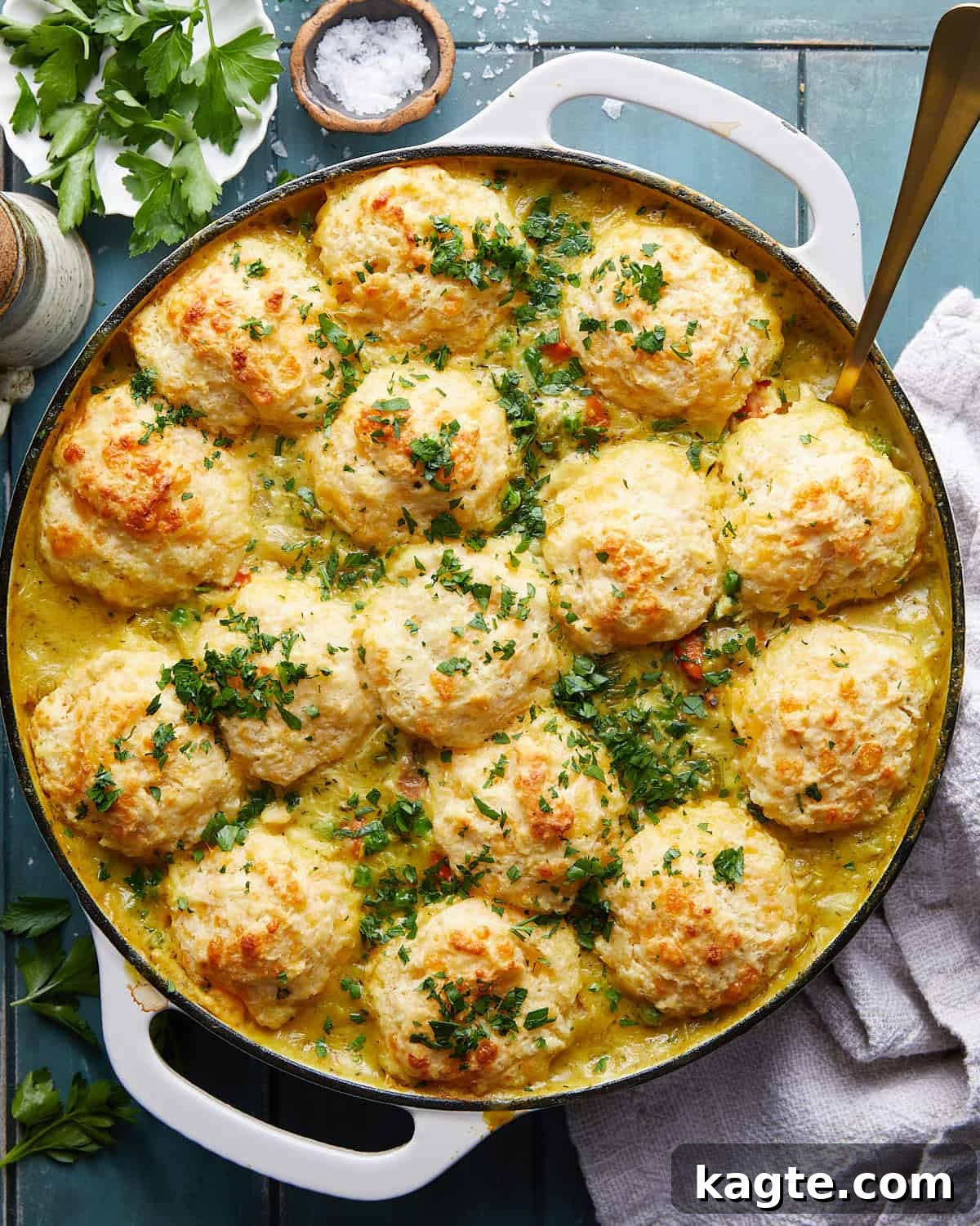 Rustic Dutch Oven Chicken Pot Pie with Fluffy Biscuit Topping 2 Overhead image of dutch oven chicken pot pie with biscuits.