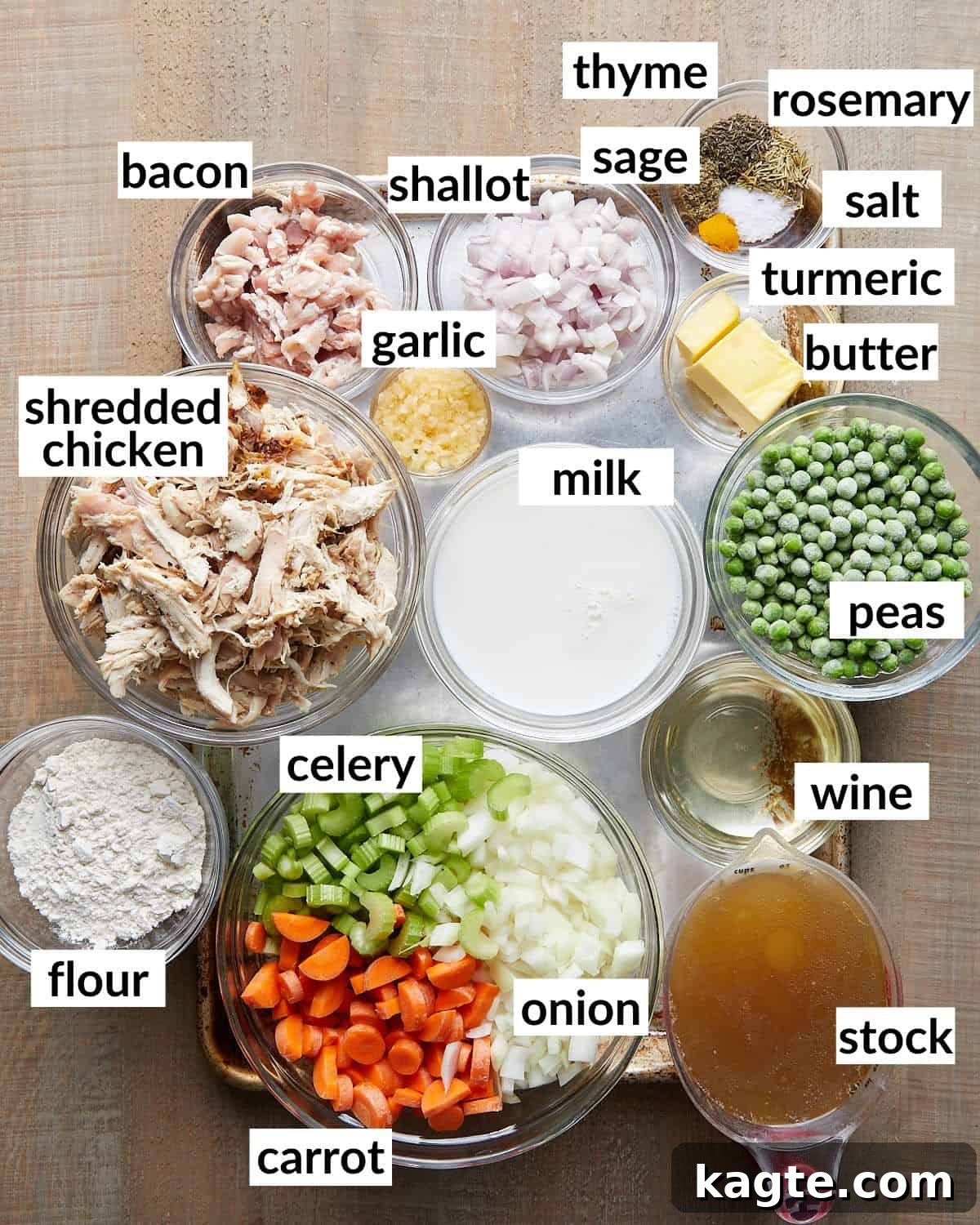 Rustic Dutch Oven Chicken Pot Pie with Fluffy Biscuit Topping 3 Overhead image of ingredients needed to make the filling for chicken pot pie.