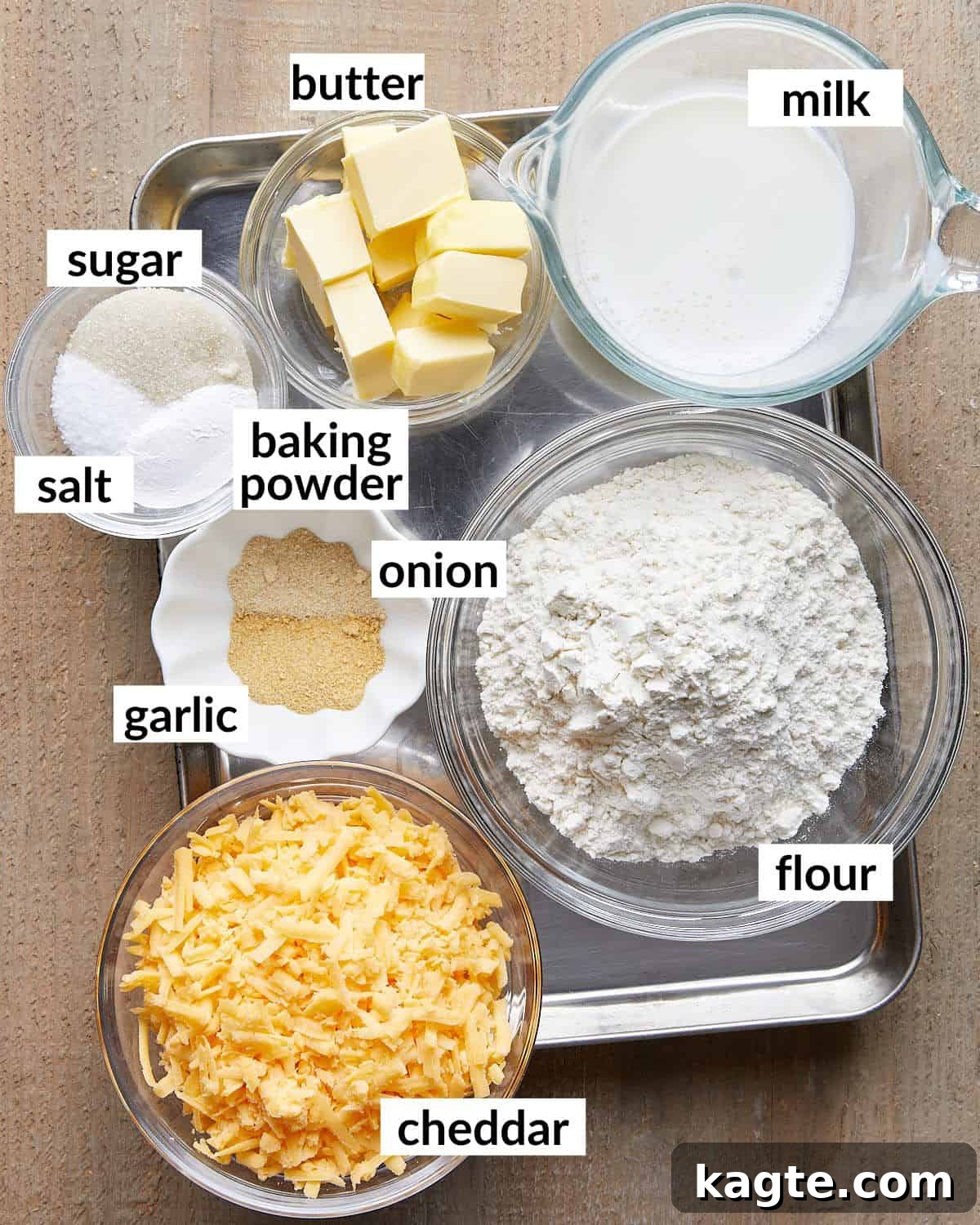 Rustic Dutch Oven Chicken Pot Pie with Fluffy Biscuit Topping 4 Overhead image of ingredients needed to make the cheddar biscuits for chicken pot pie.