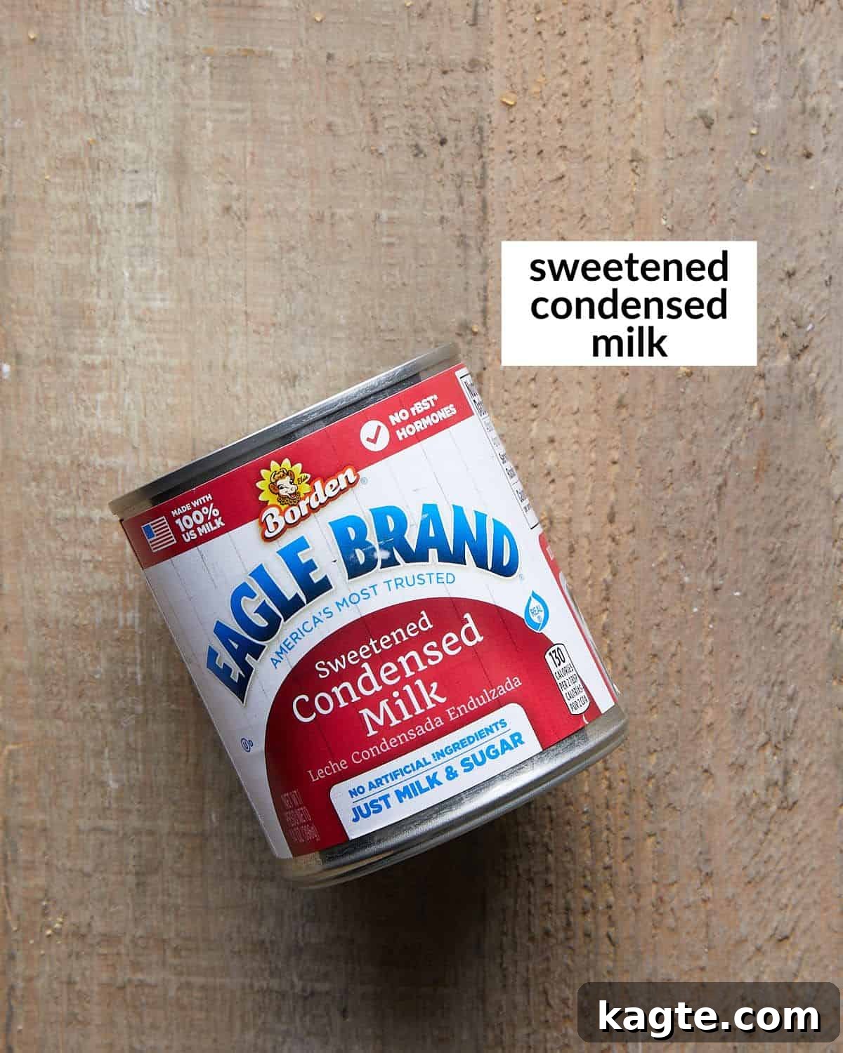 Overhead image displaying a single can of sweetened condensed milk, the only ingredient needed to make condensed milk caramel, highlighting the recipe's simplicity.