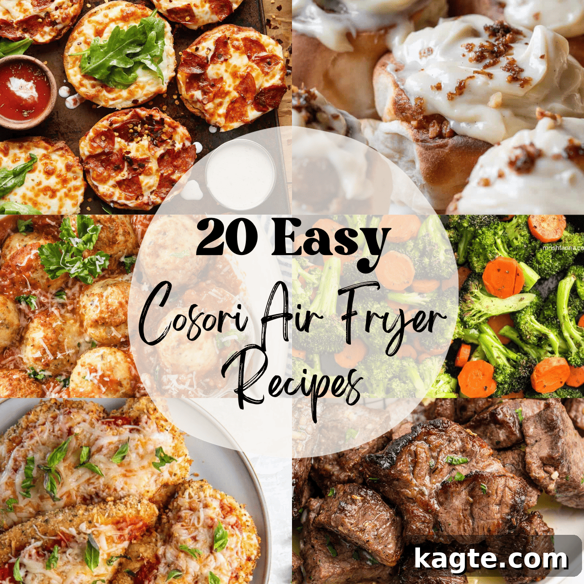A vibrant 6-photo collage showcasing diverse Cosori air fryer recipes, with text overlay '20 Easy Cosori Air Fryer Recipes'.
