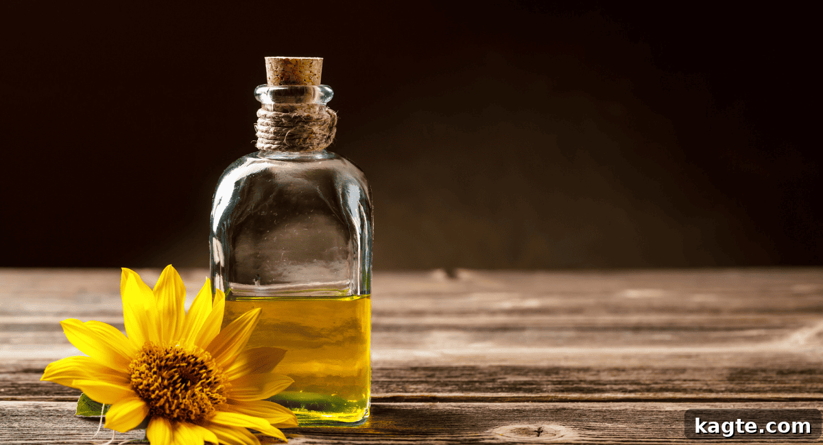 10 Smart Swaps for Avocado Oil 11 A bottle of sunflower oil with vibrant sunflowers in the background.