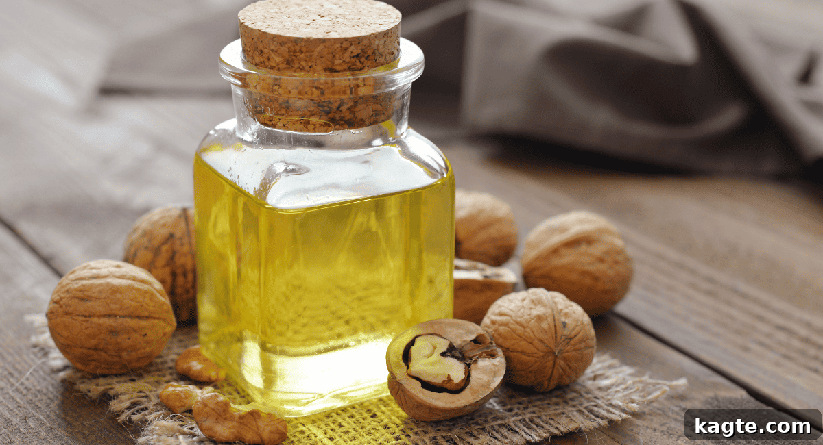 10 Smart Swaps for Avocado Oil 12 A bottle of walnut oil with walnuts arranged around it.