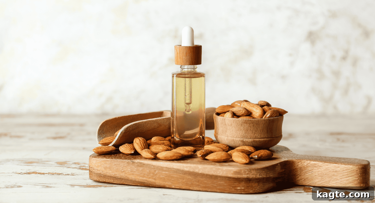 10 Smart Swaps for Avocado Oil 3 A bottle of almond oil with almonds in the background.